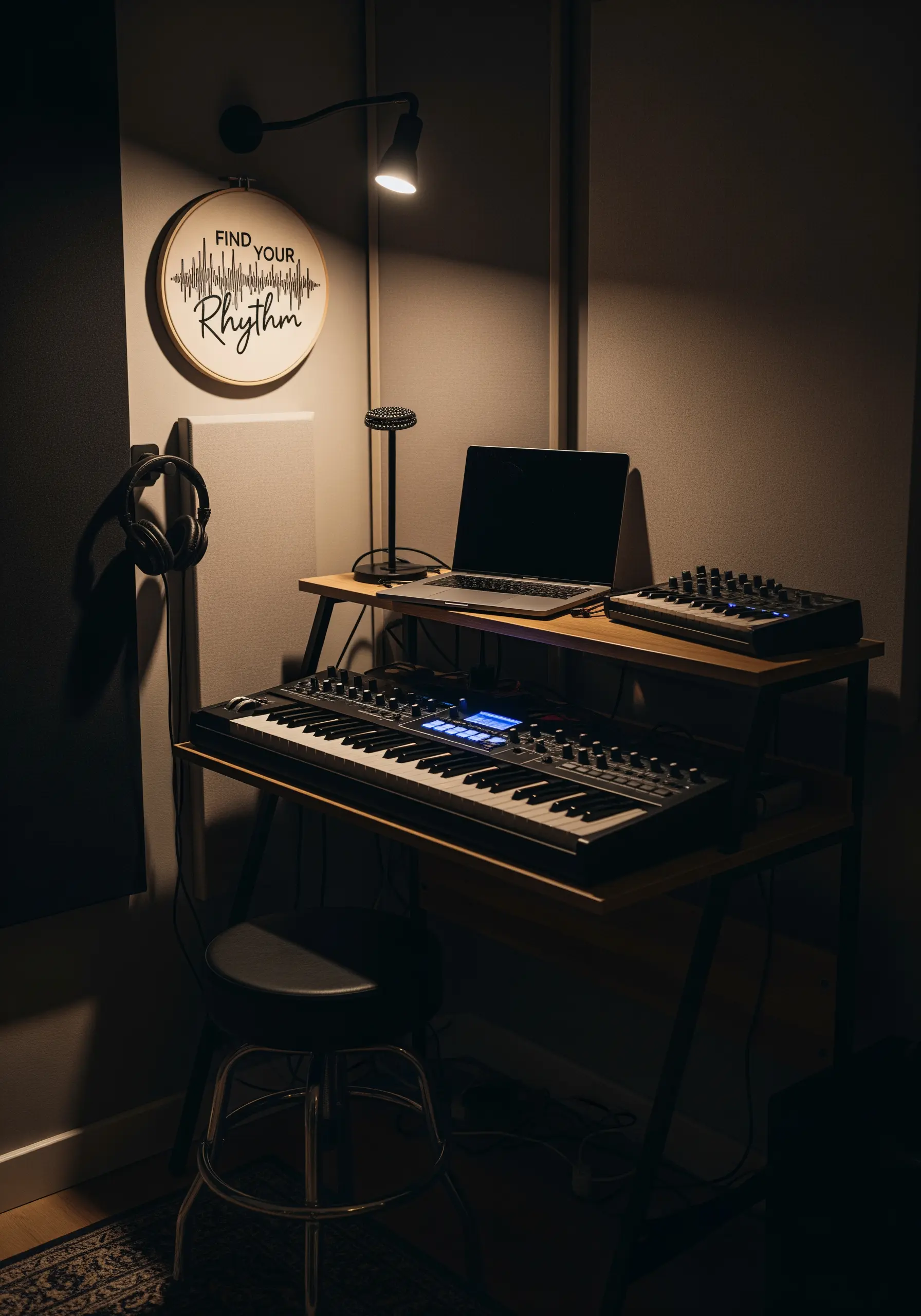 Embroidered 'Find Your Rhythm' quote with a sound wave graphic in a music studio.