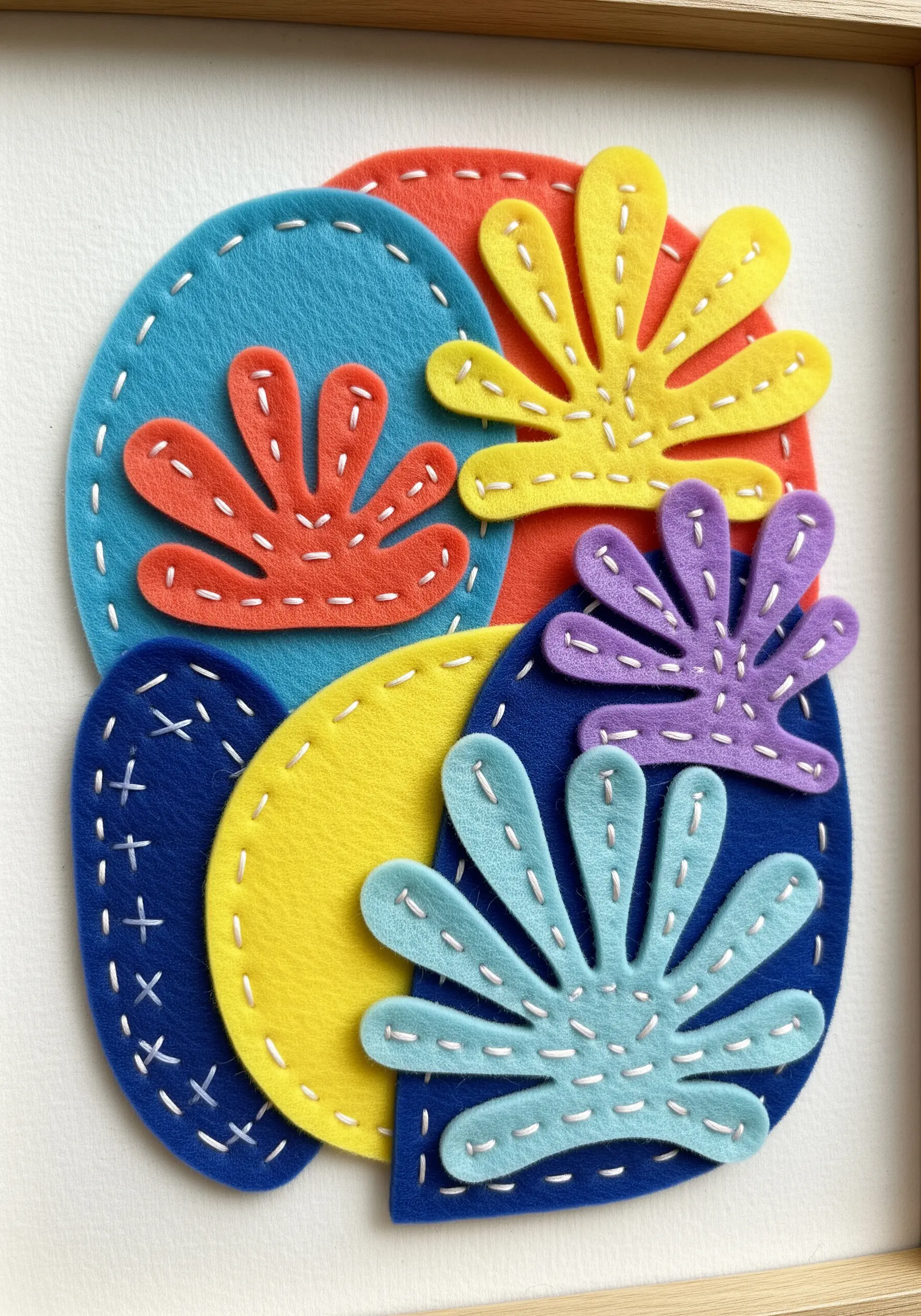 A colorful abstract art piece made from layered felt shapes with visible white stitching.