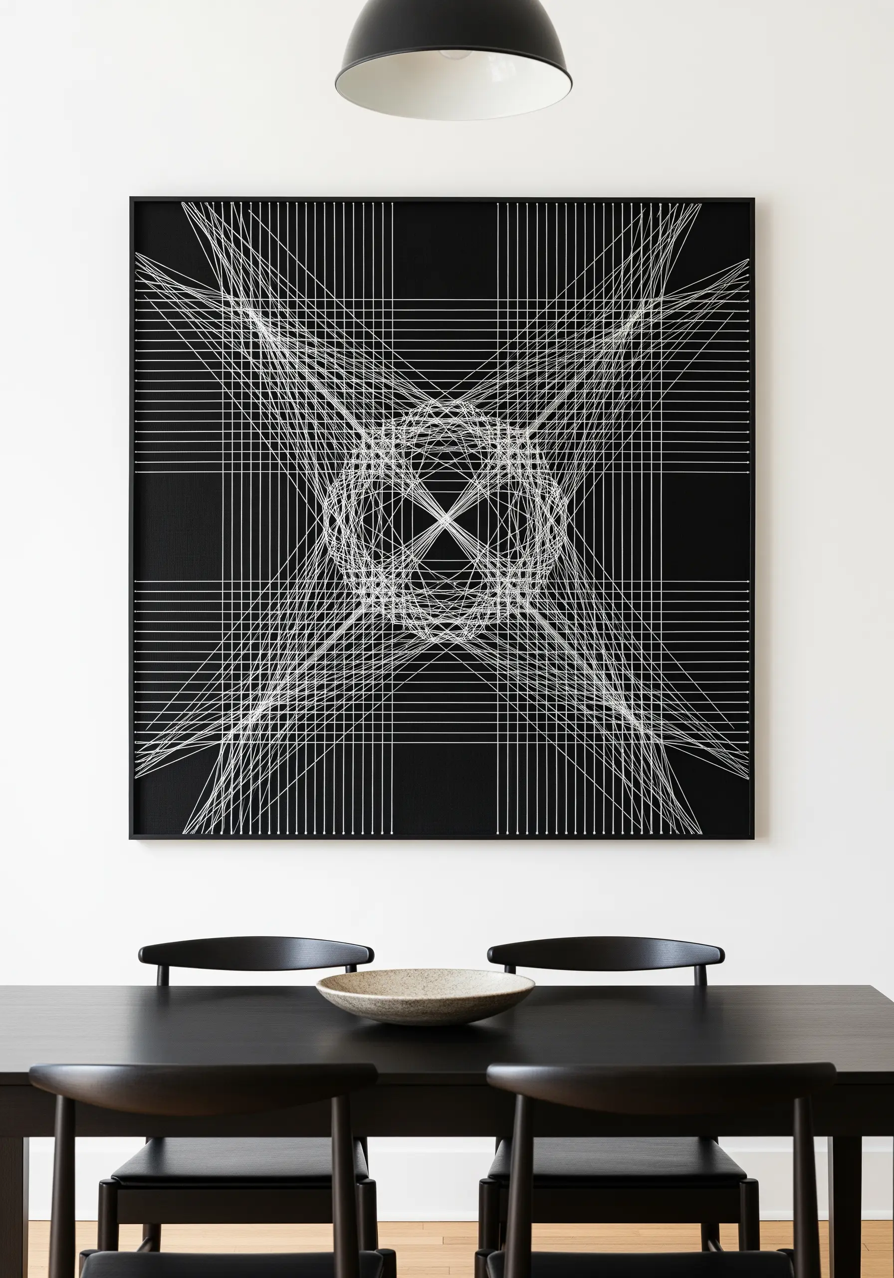 Geometric string art-style embroidery with white thread on a black canvas.