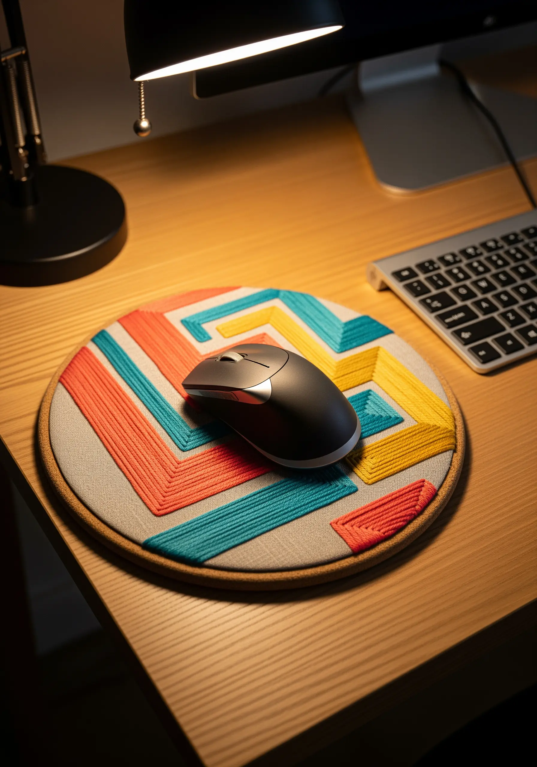 A round mousepad with a bold geometric pattern stitched in orange, yellow, and teal yarn
