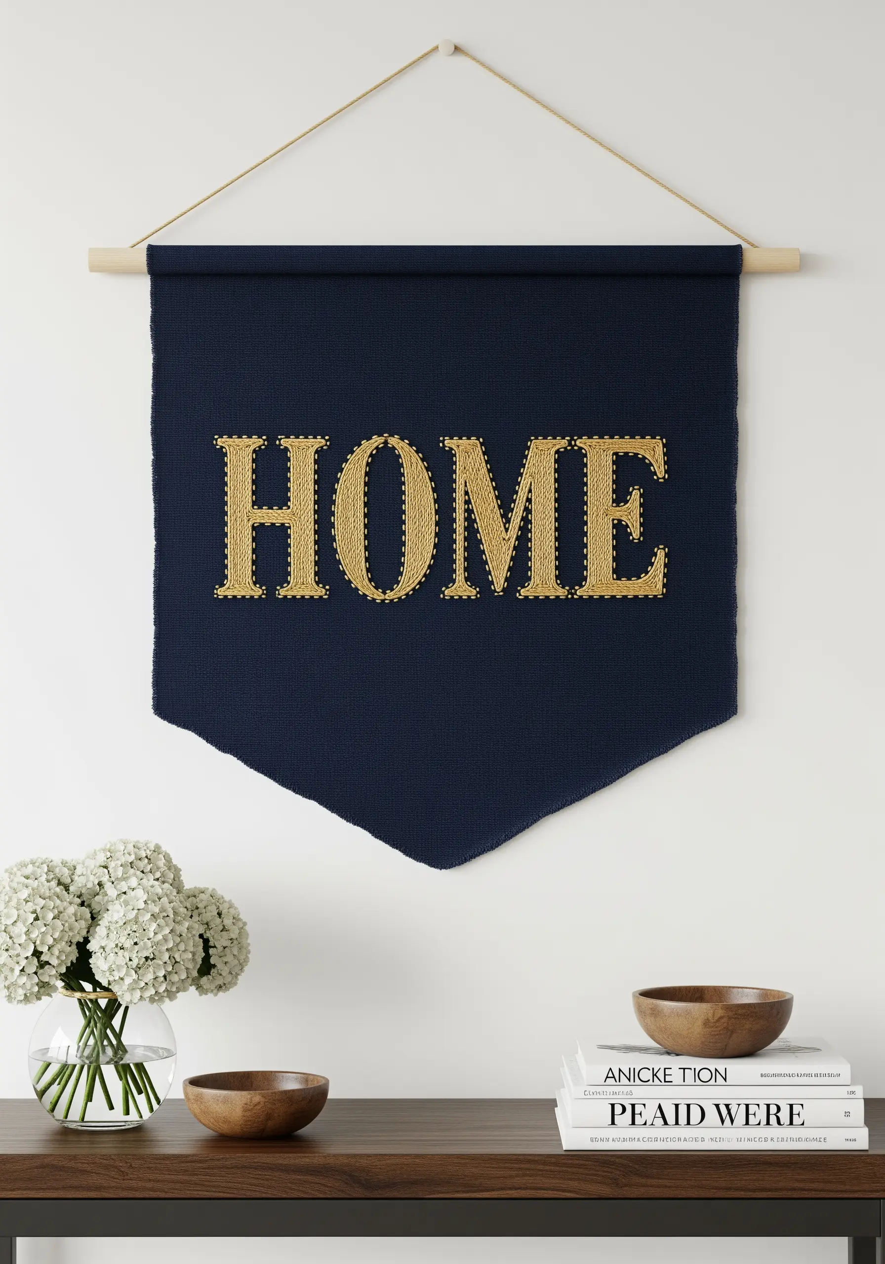 Gold thread embroidered 'HOME' on a navy blue pennant flag using straight stitches.