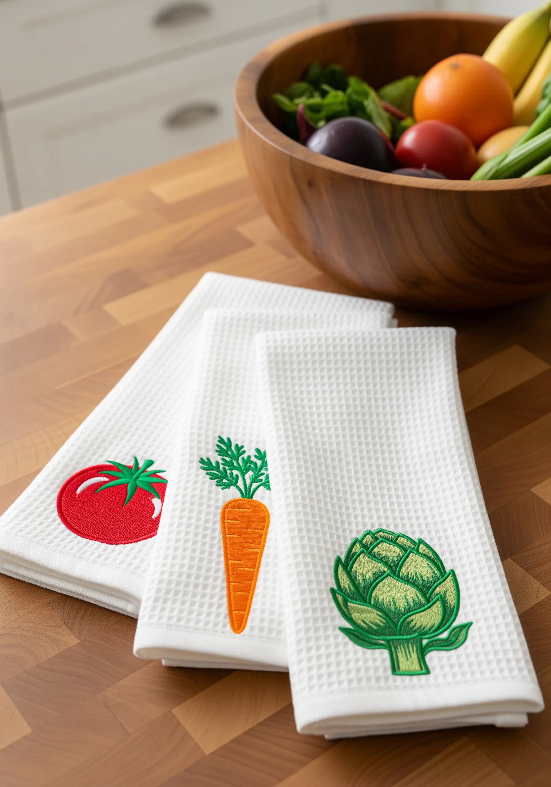 Set of three white waffle-weave kitchen towels with embroidered tomato, carrot, and artichoke.