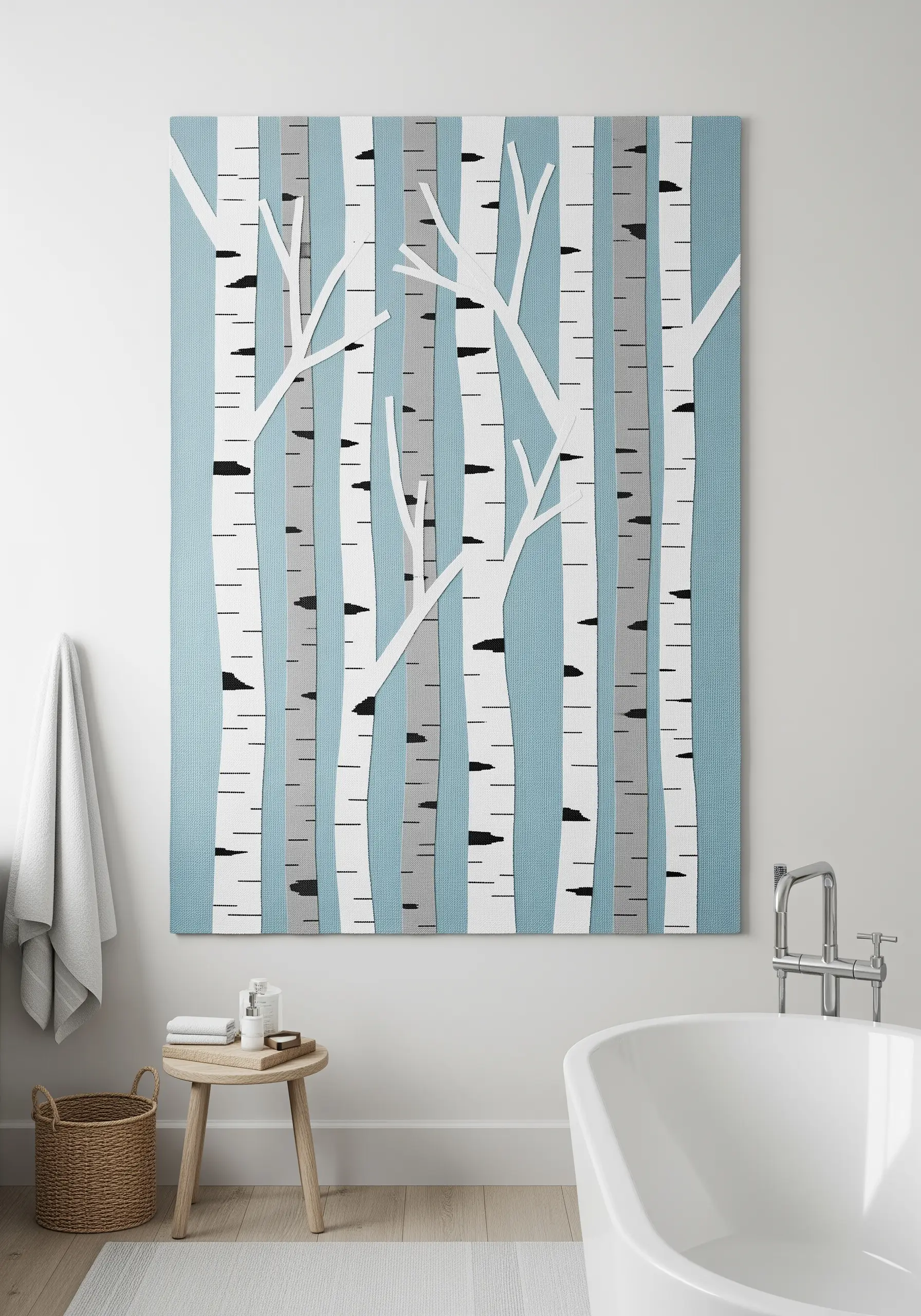 A modern textile art piece of a birch tree forest using fabric appliqué.