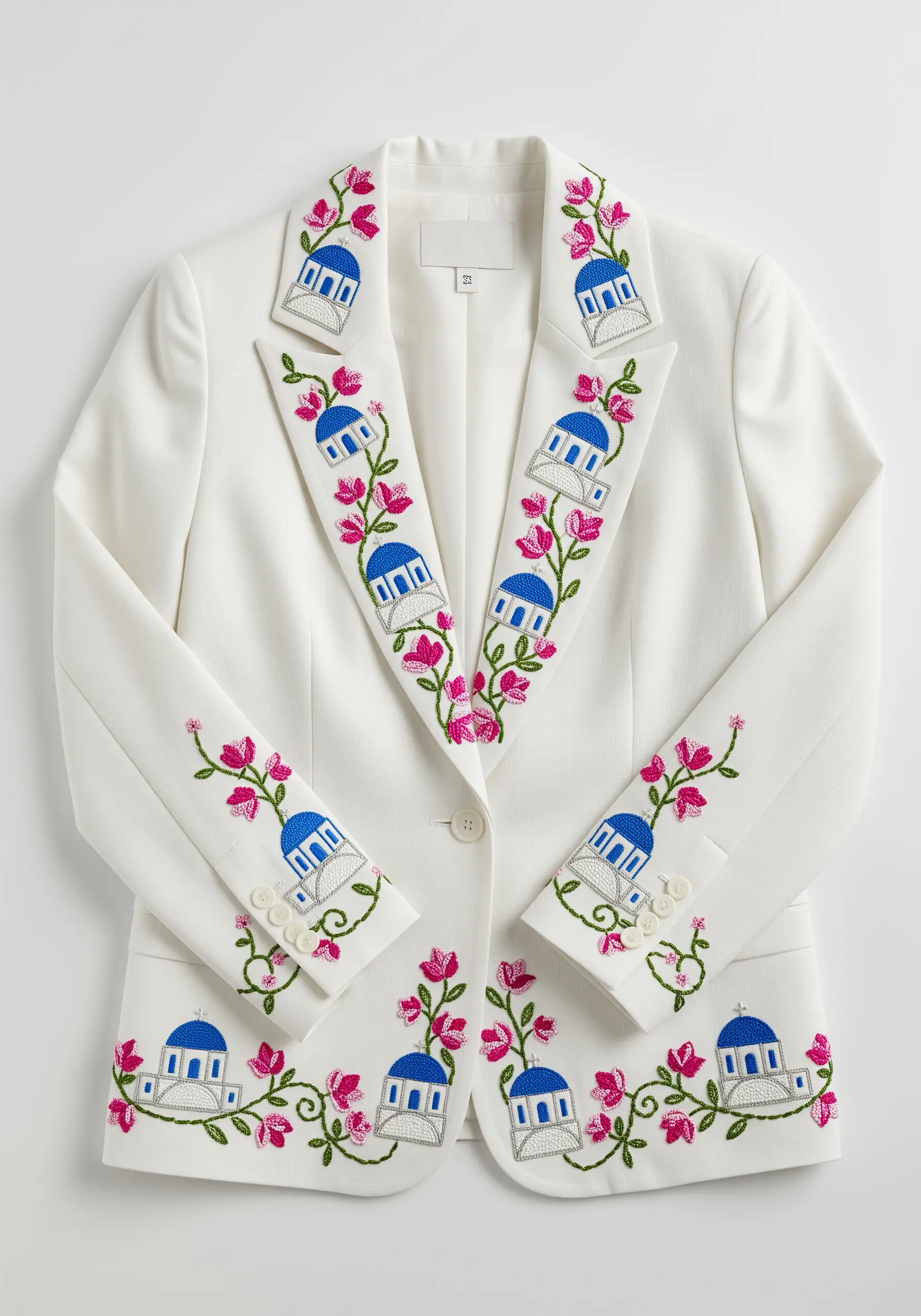 Embroidery of Santorini's blue-domed buildings and pink flowers on a white blazer.
