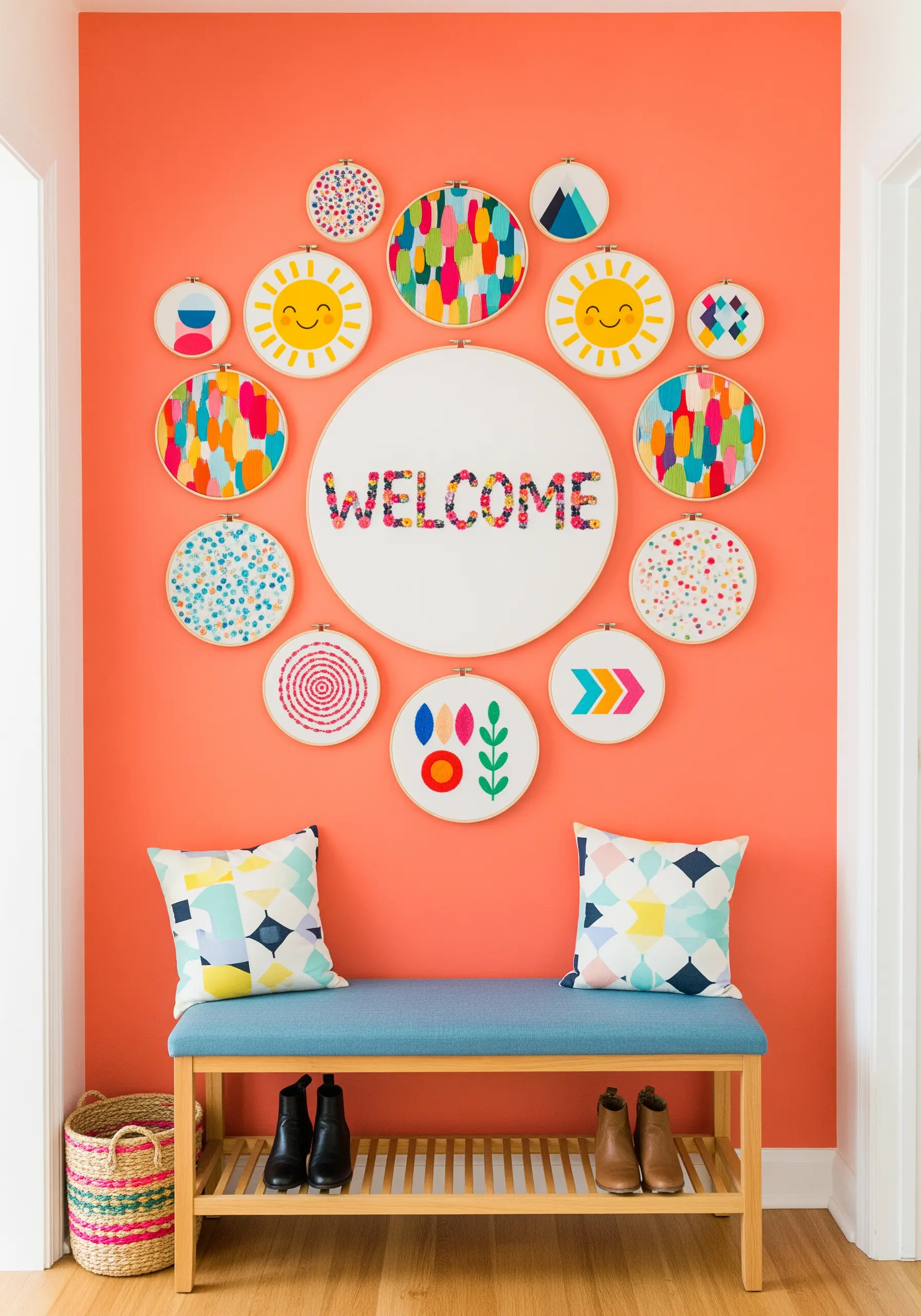 A vibrant entryway with a large collage of colorful embroidery hoops spelling out 'WELCOME'.
