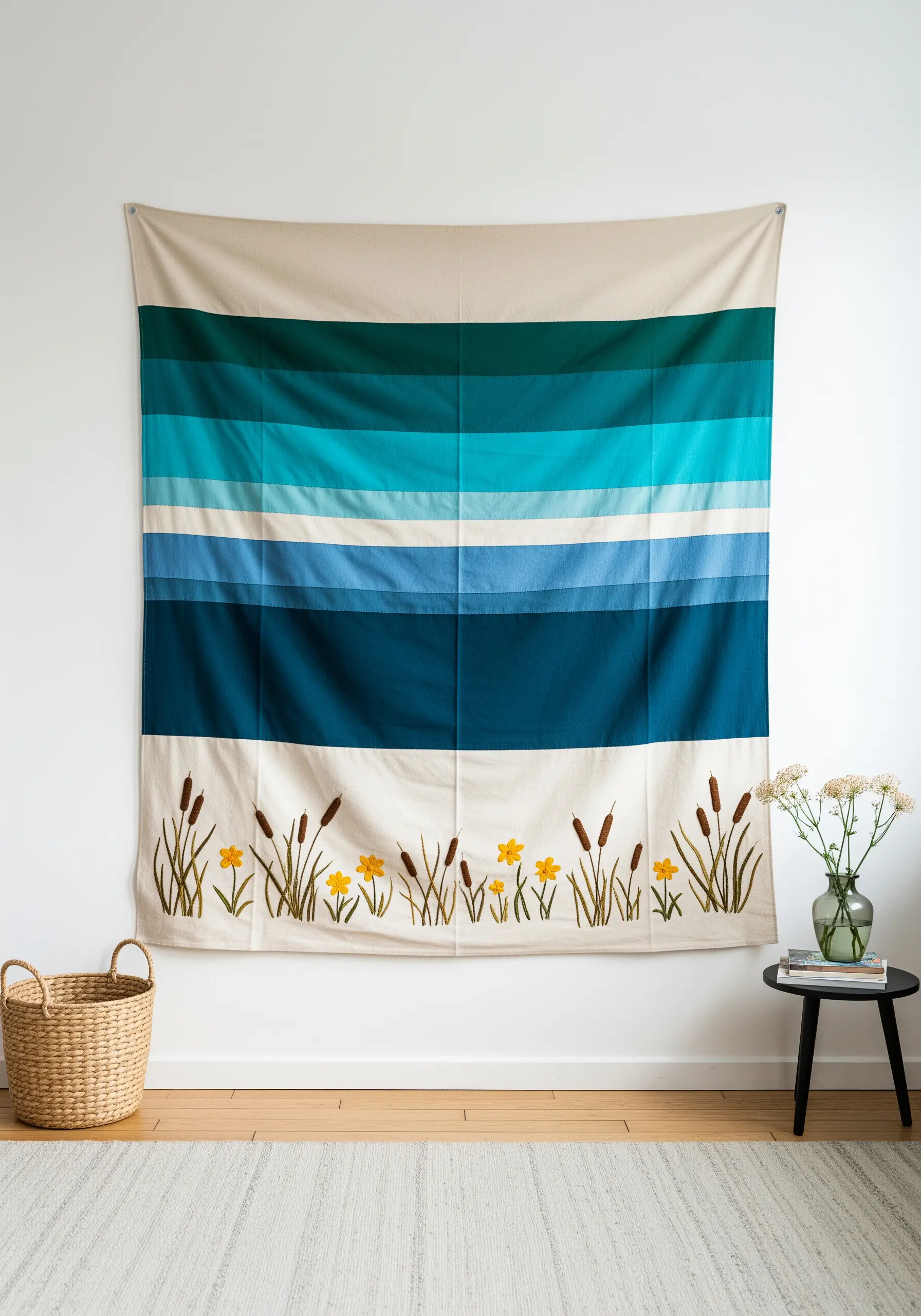 Minimal cattail and wildflower embroidery along the bottom of a large, striped wall tapestry