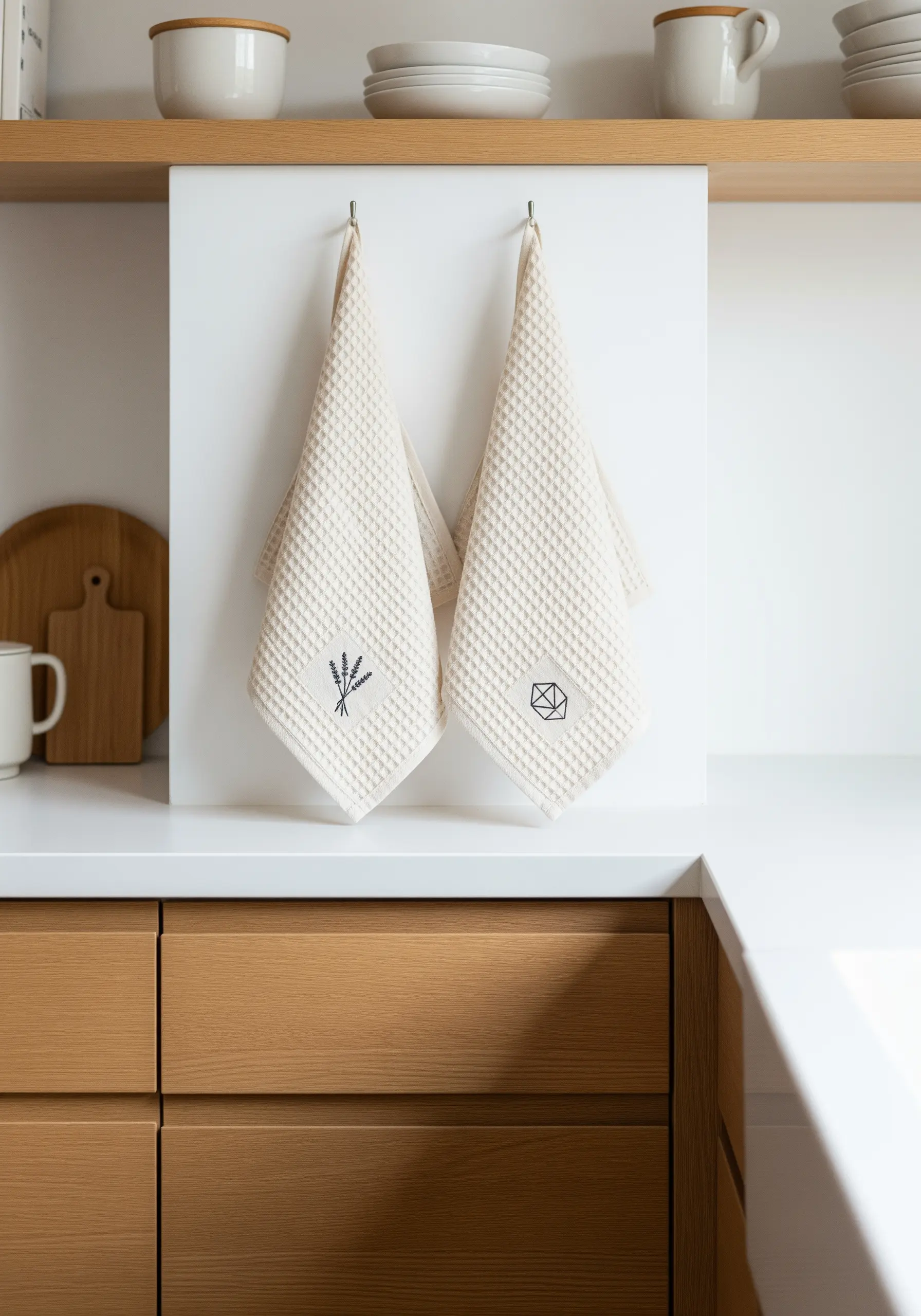 Two waffle-weave towels, each with a small, simple embroidered motif of a plant or geometric shape.
