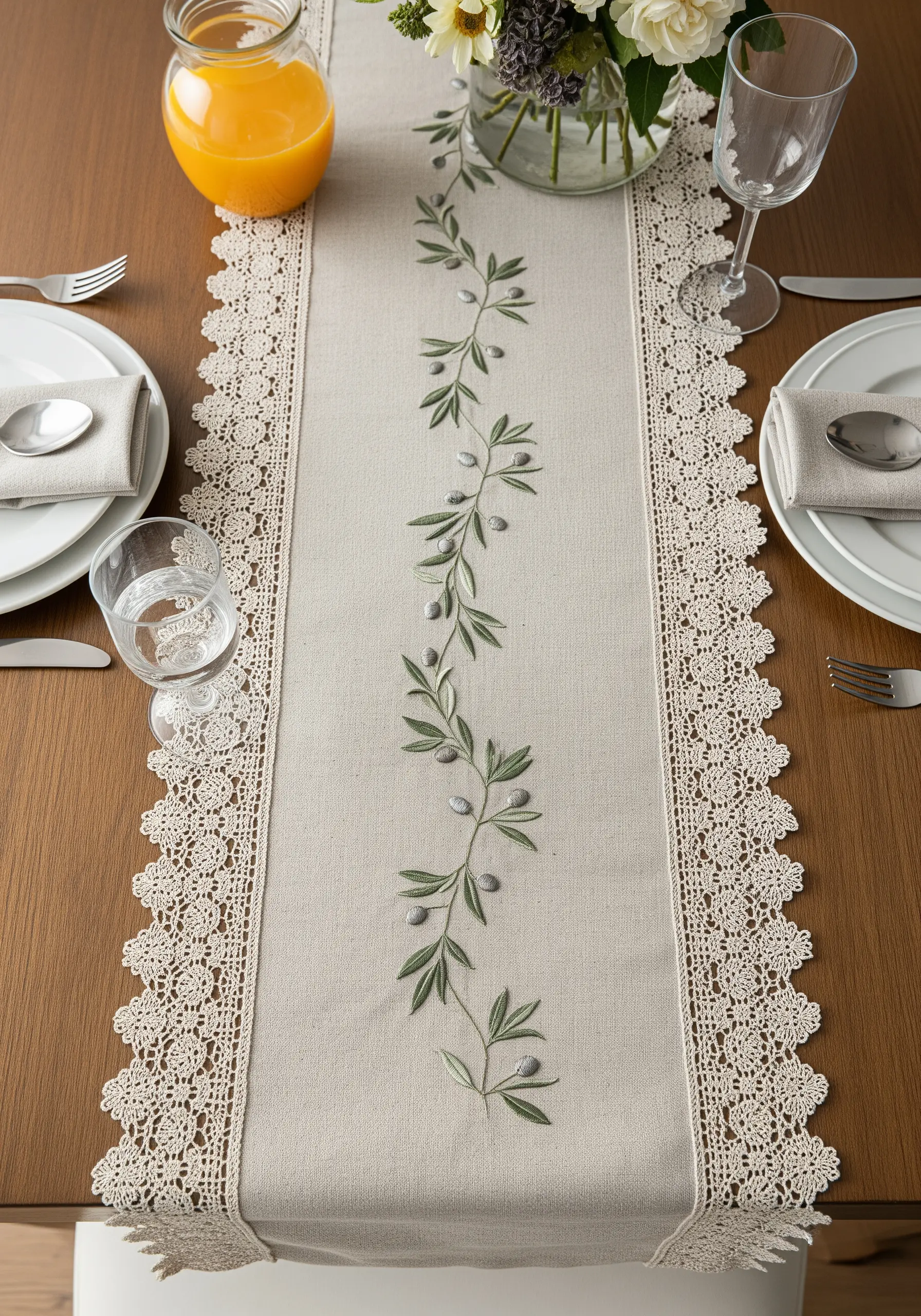 Embroidered olive branches on a natural linen table runner with crochet lace trim.