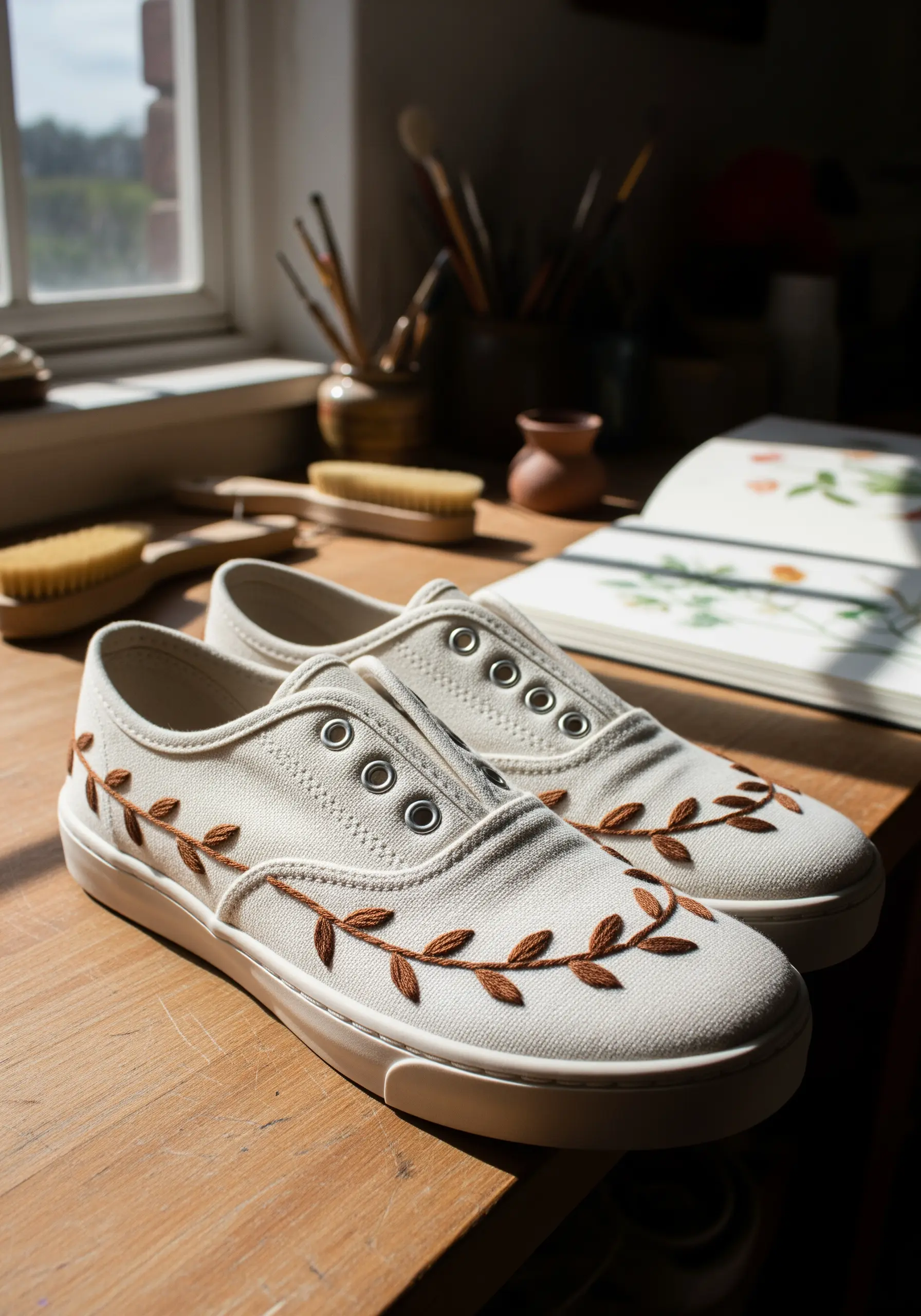 A simple, curving vine with leaves embroidered in brown thread on off-white canvas sneakers.
