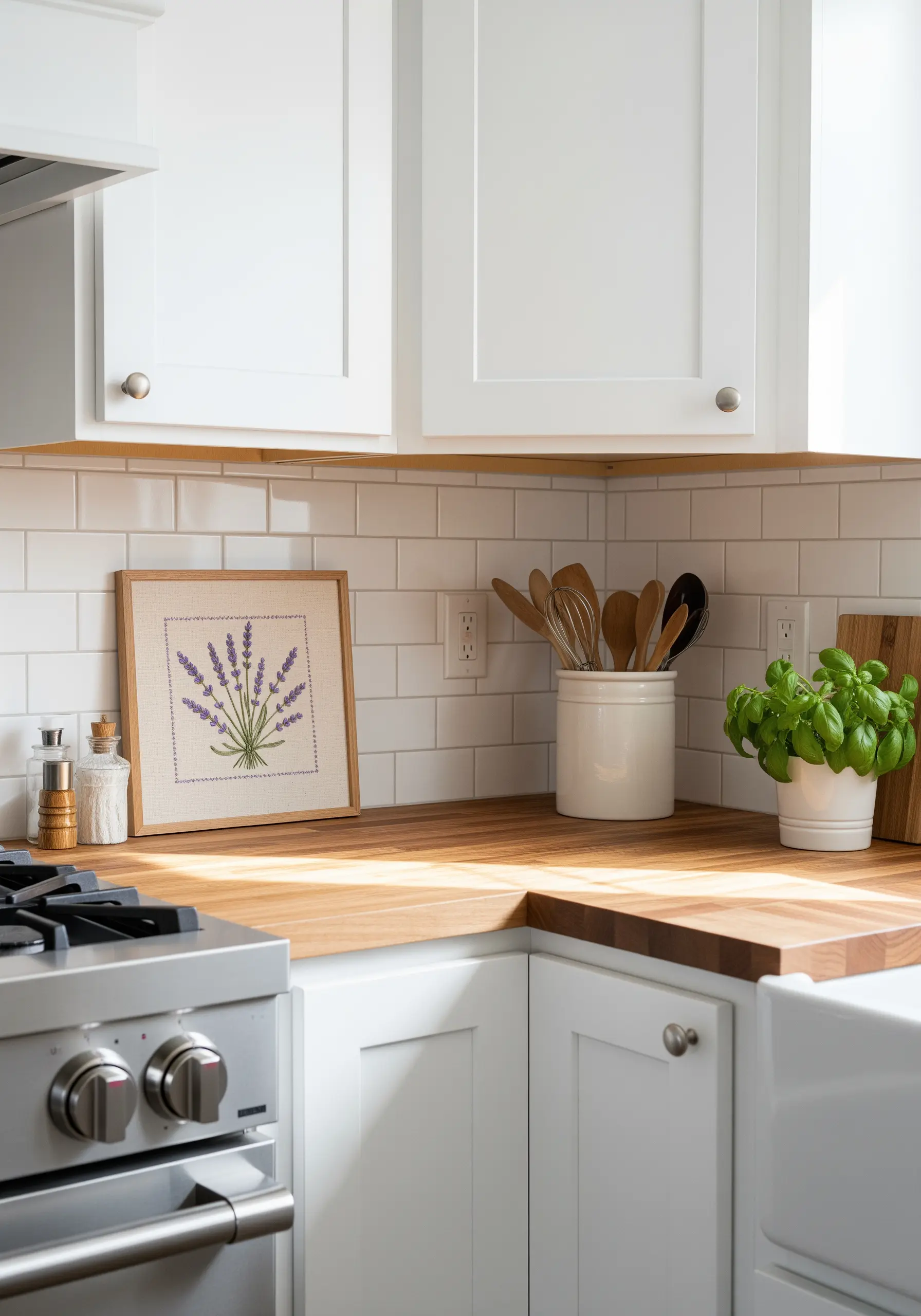 Framed cross-stitch lavender bouquet on a kitchen counter with white subway tile.