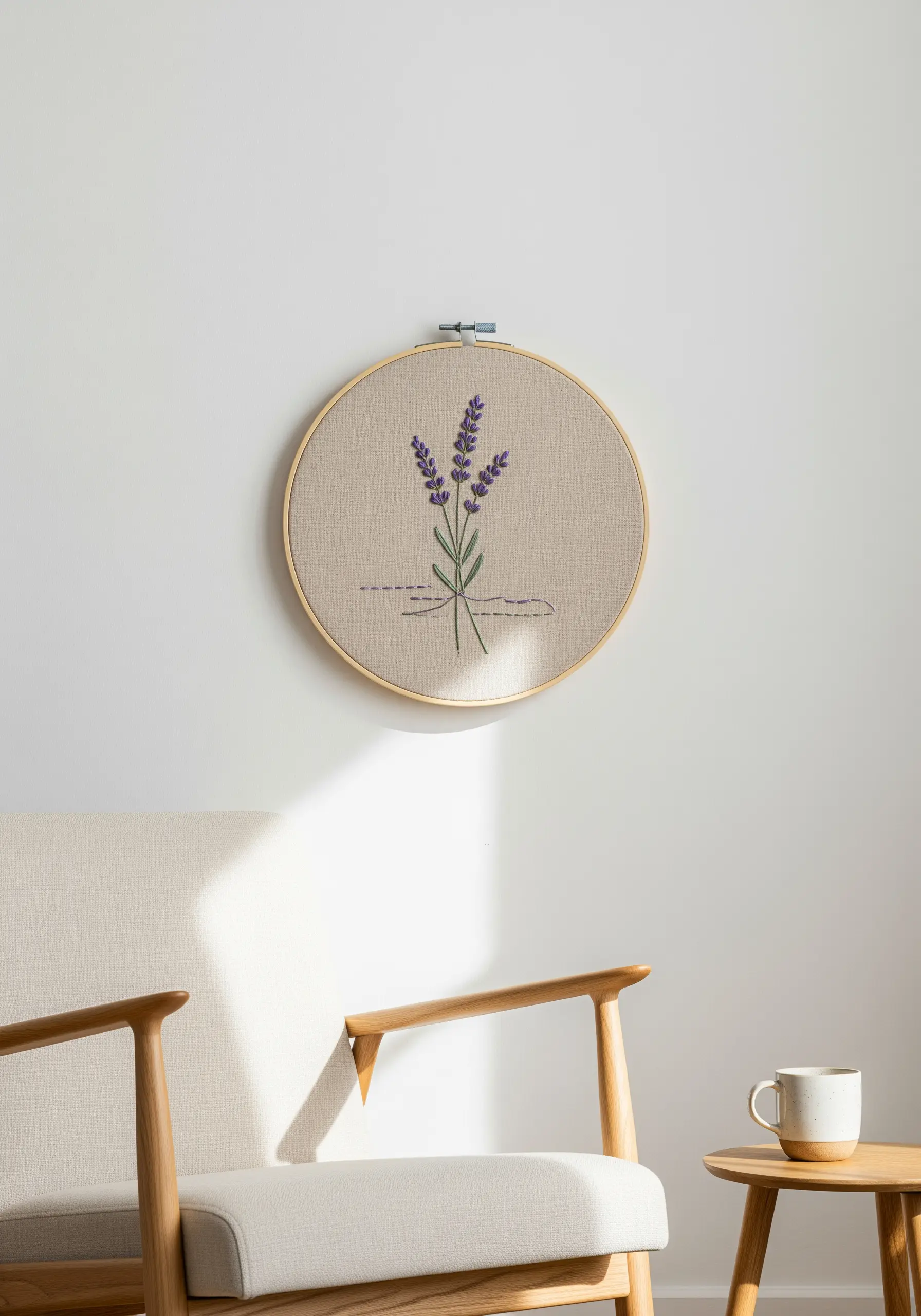 Lavender embroidery motif with dashed running stitches grounding the design in a hoop.