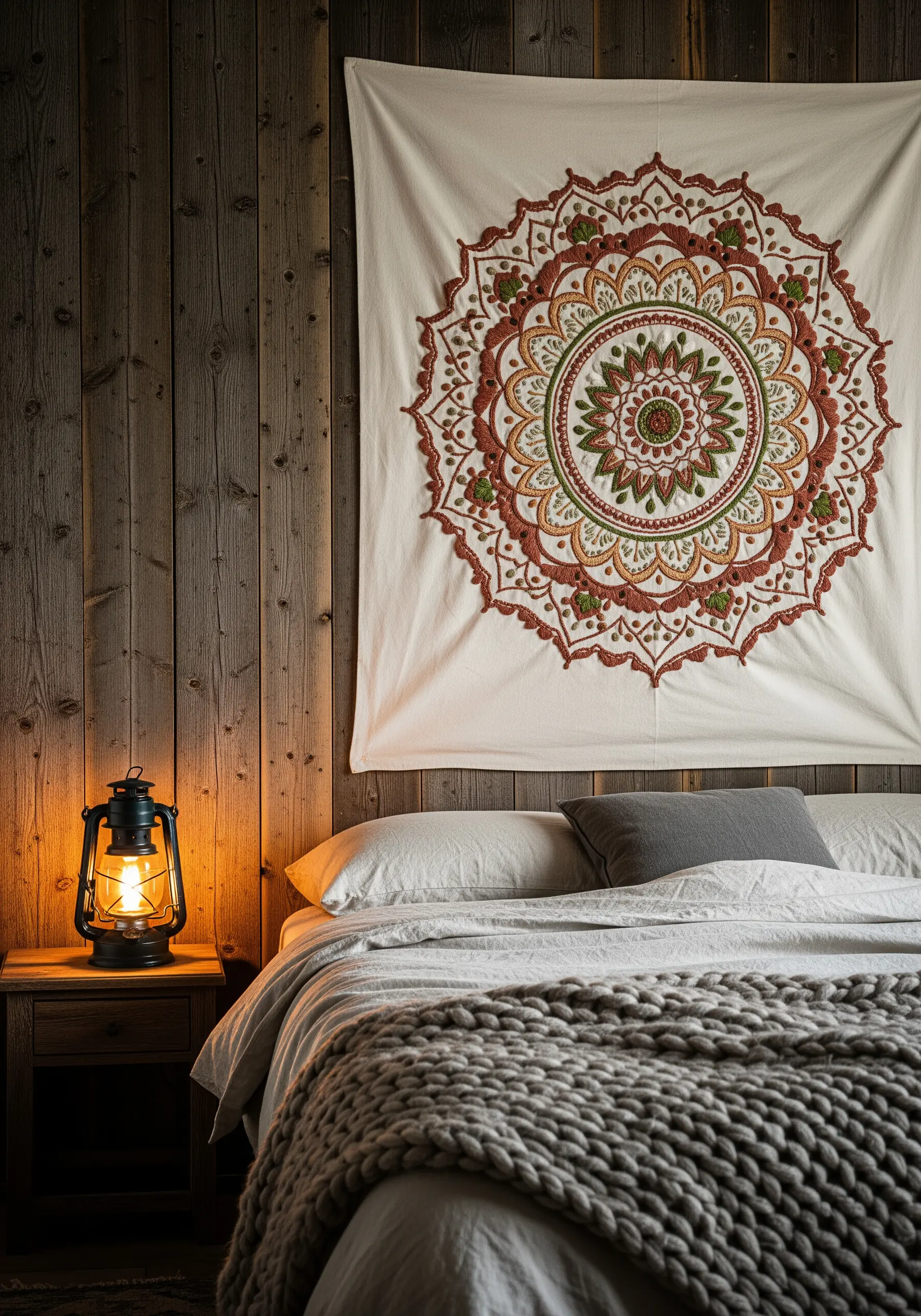 Large mandala tapestry in rust, olive, and brown earth tones.