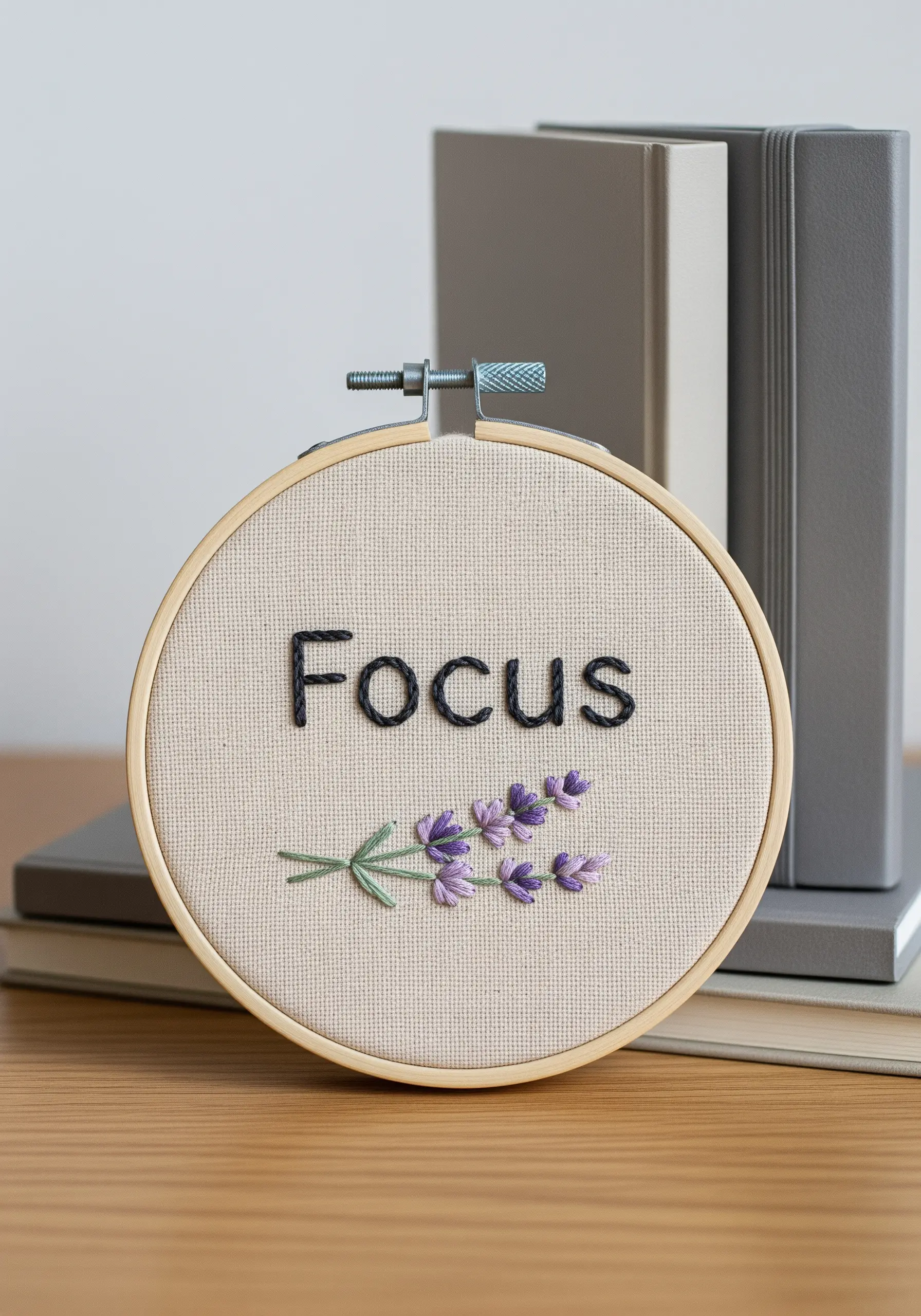 Black satin stitch 'Focus' text with an embroidered purple lavender sprig.