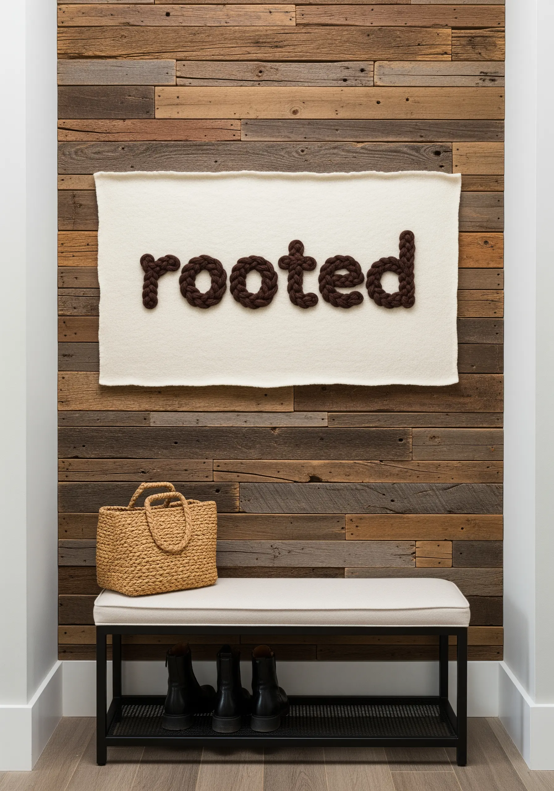 The word 'rooted' created with chunky, textured brown yarn on a raw-edged canvas.