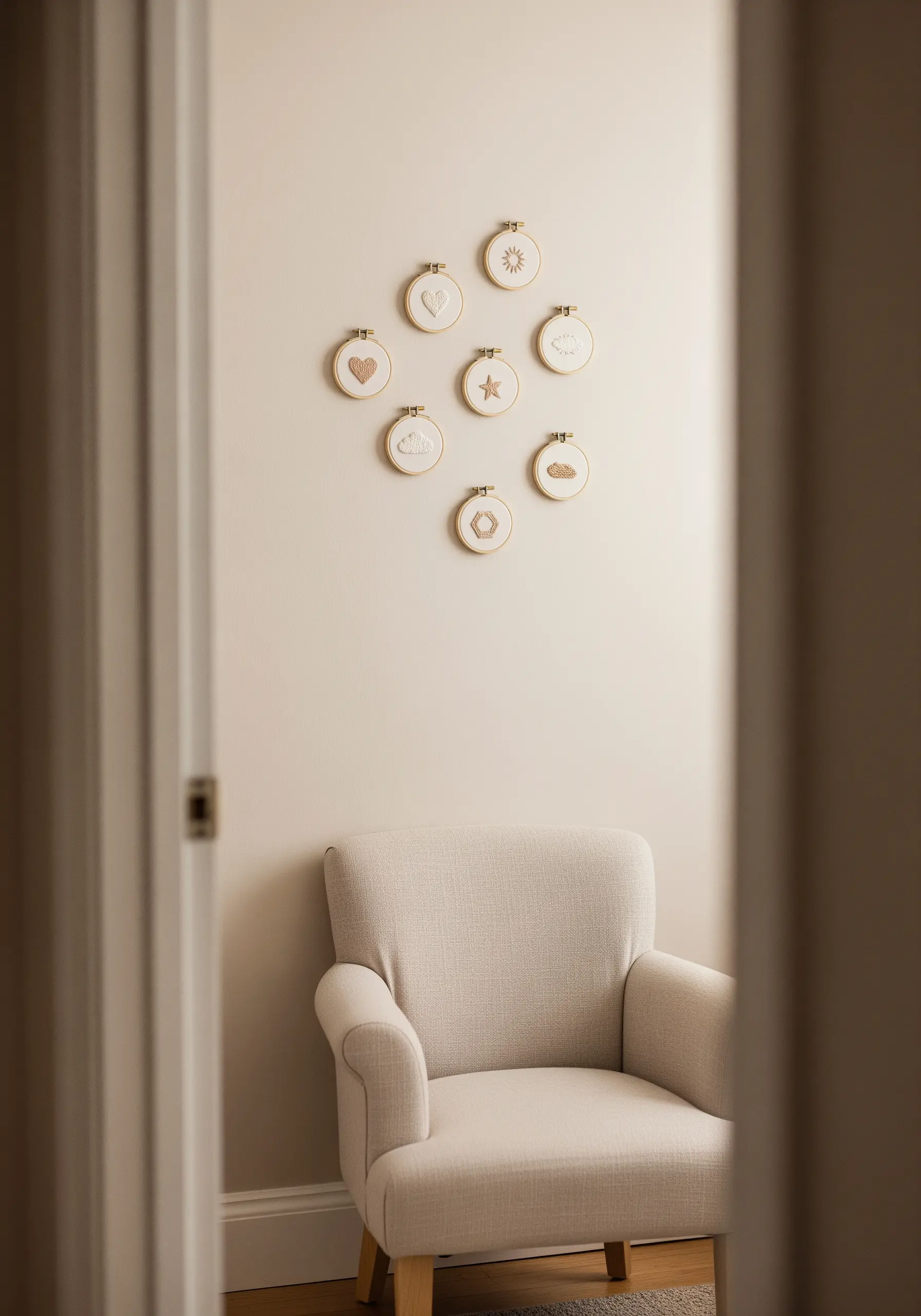 A cluster of eight miniature embroidery hoops with simple icons like hearts and suns