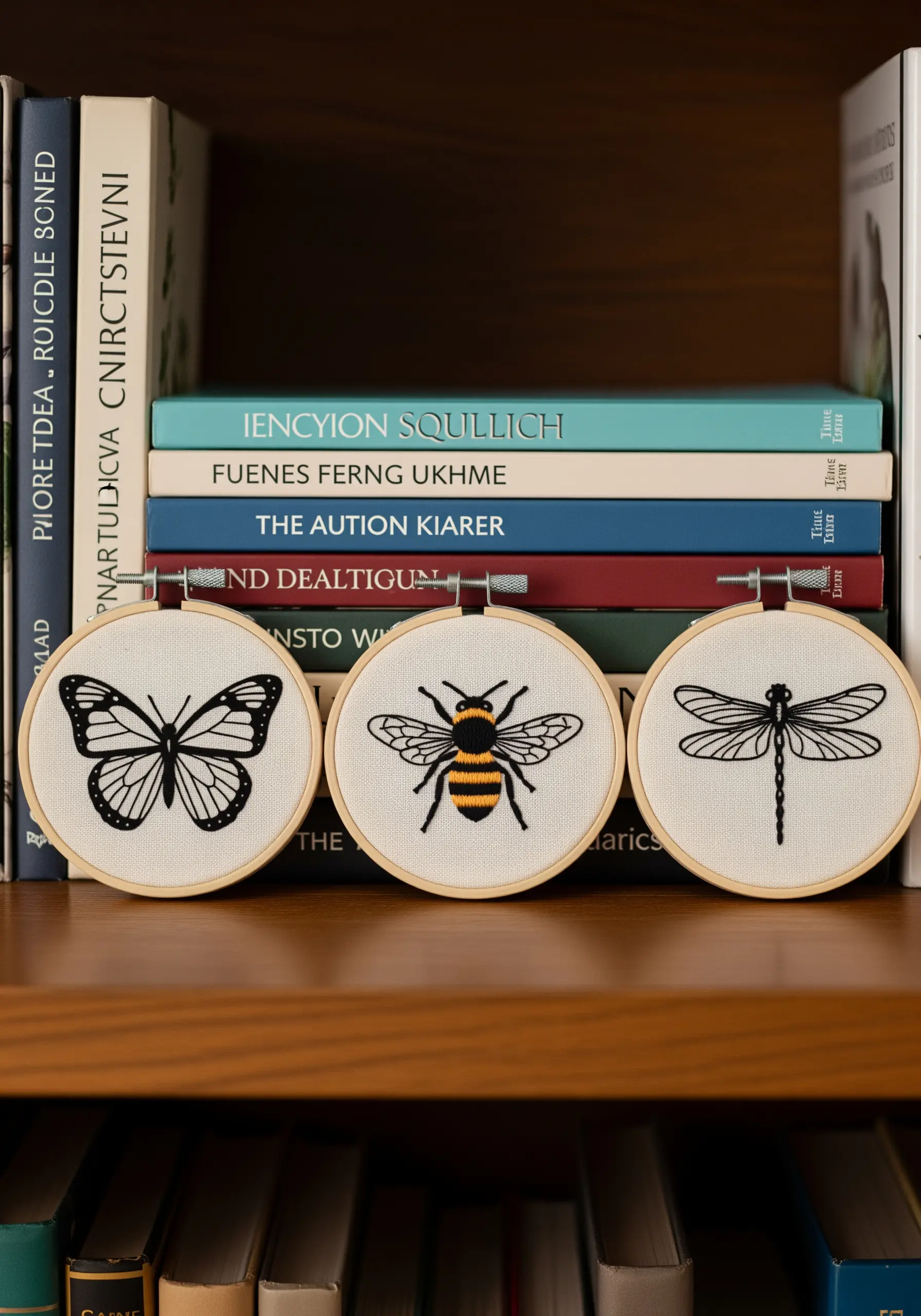 A trio of small embroidery hoops featuring a butterfly, bee, and dragonfly.