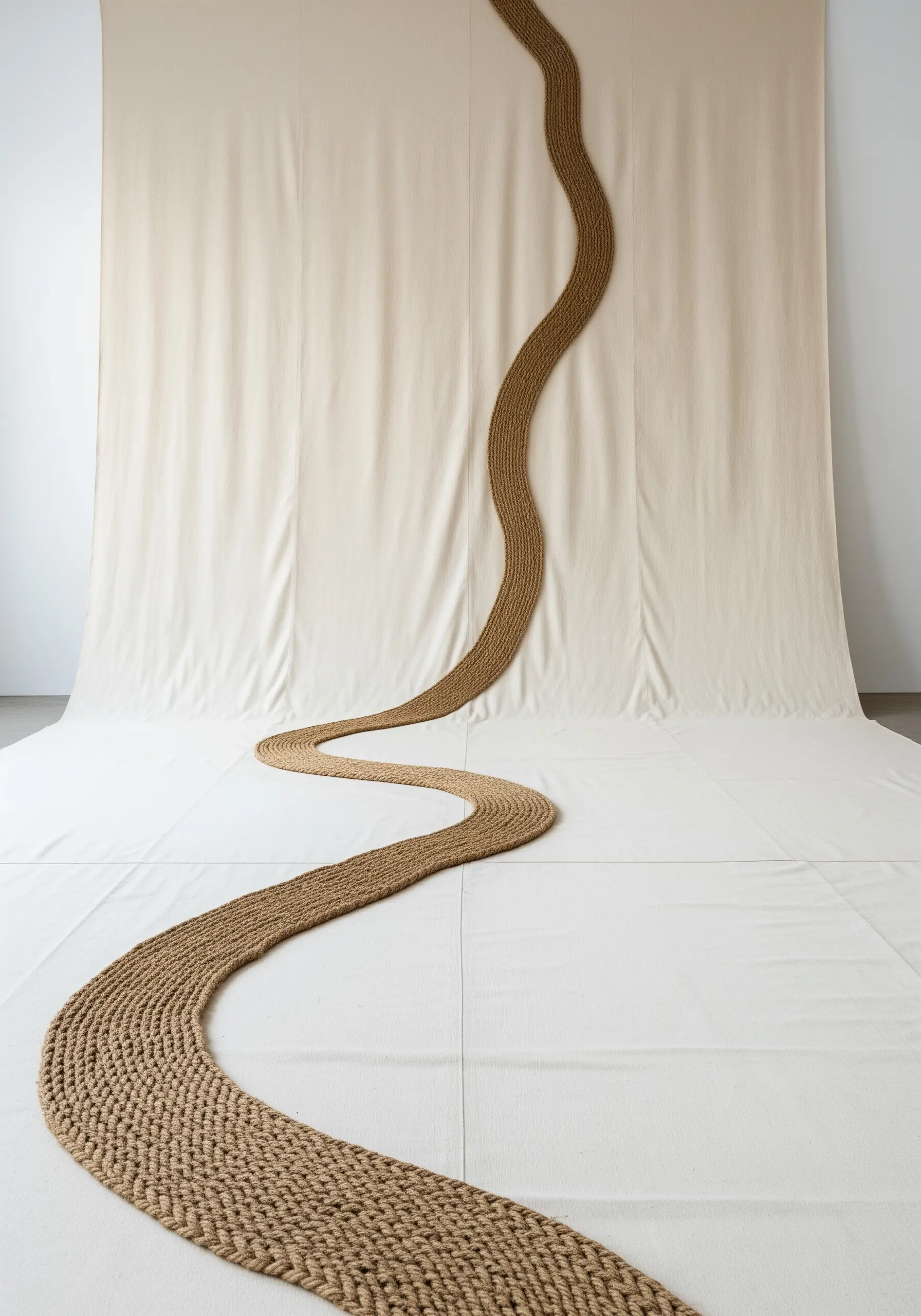 A thick, woven jute rope creating a meandering path across a large cream-colored fabric backdrop.