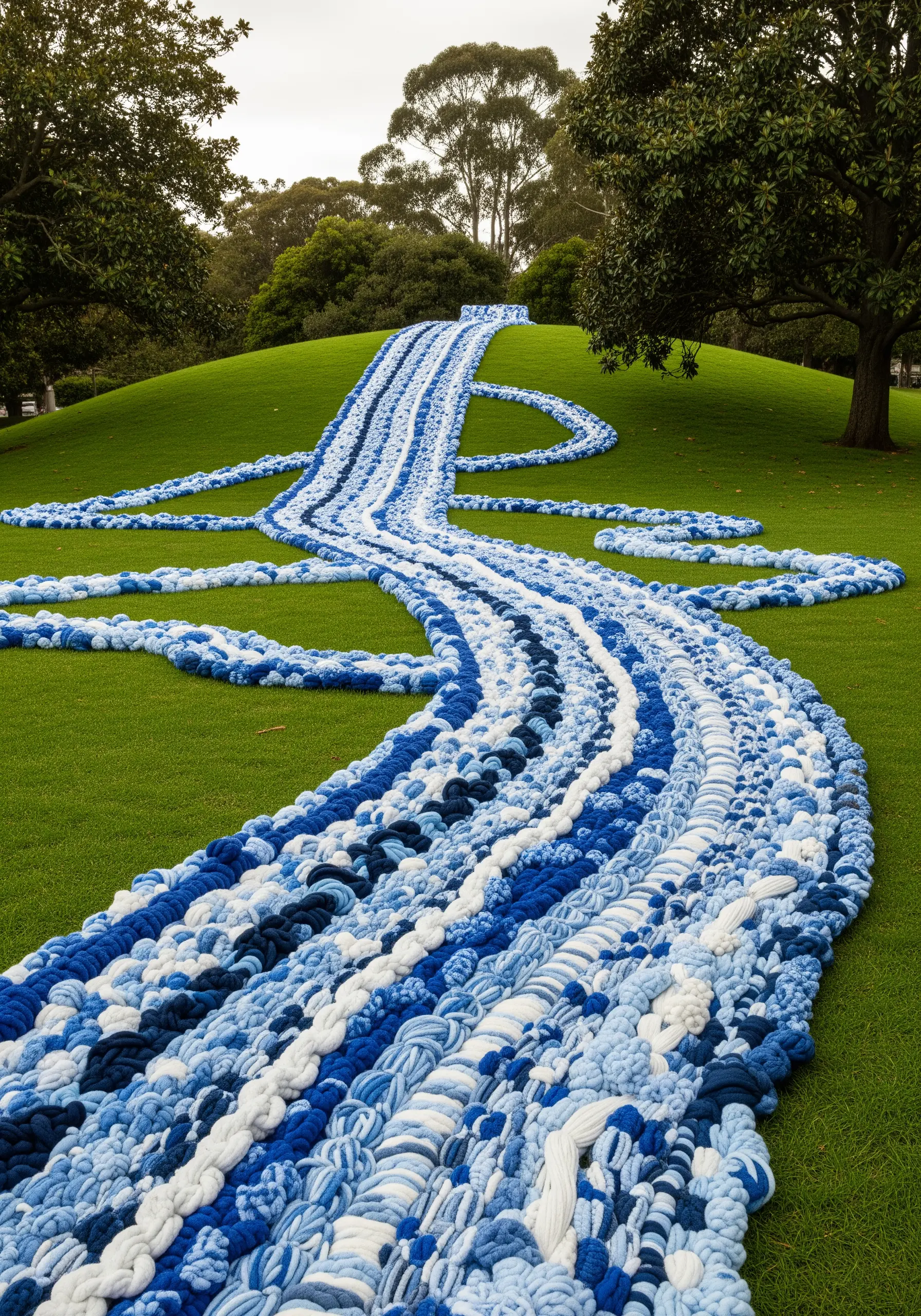 A long, winding river of blue and white braided yarns flowing down a grassy hill.