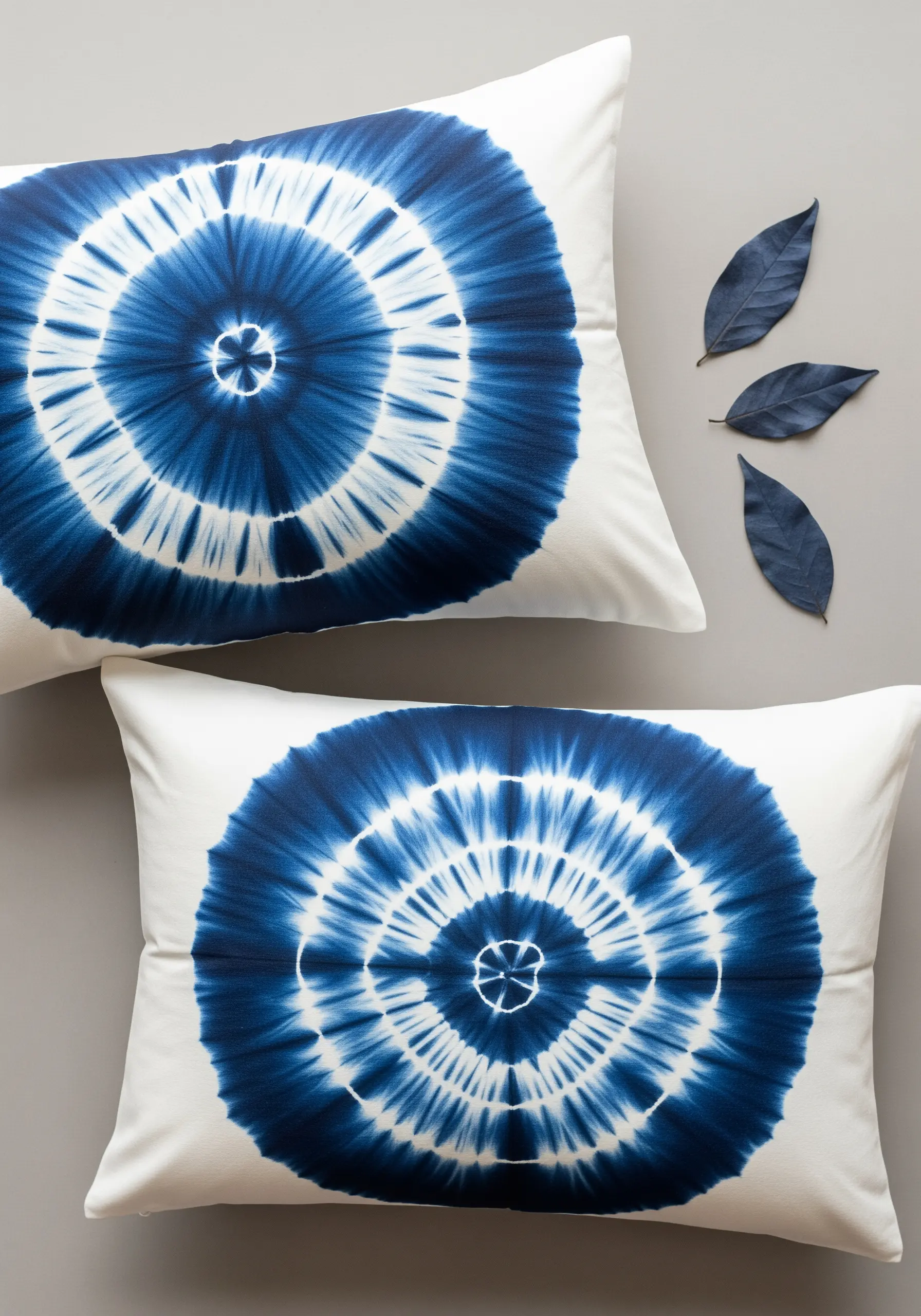 Two white pillows hand-dyed with a circular indigo Shibori pattern, creating a bullseye effect.