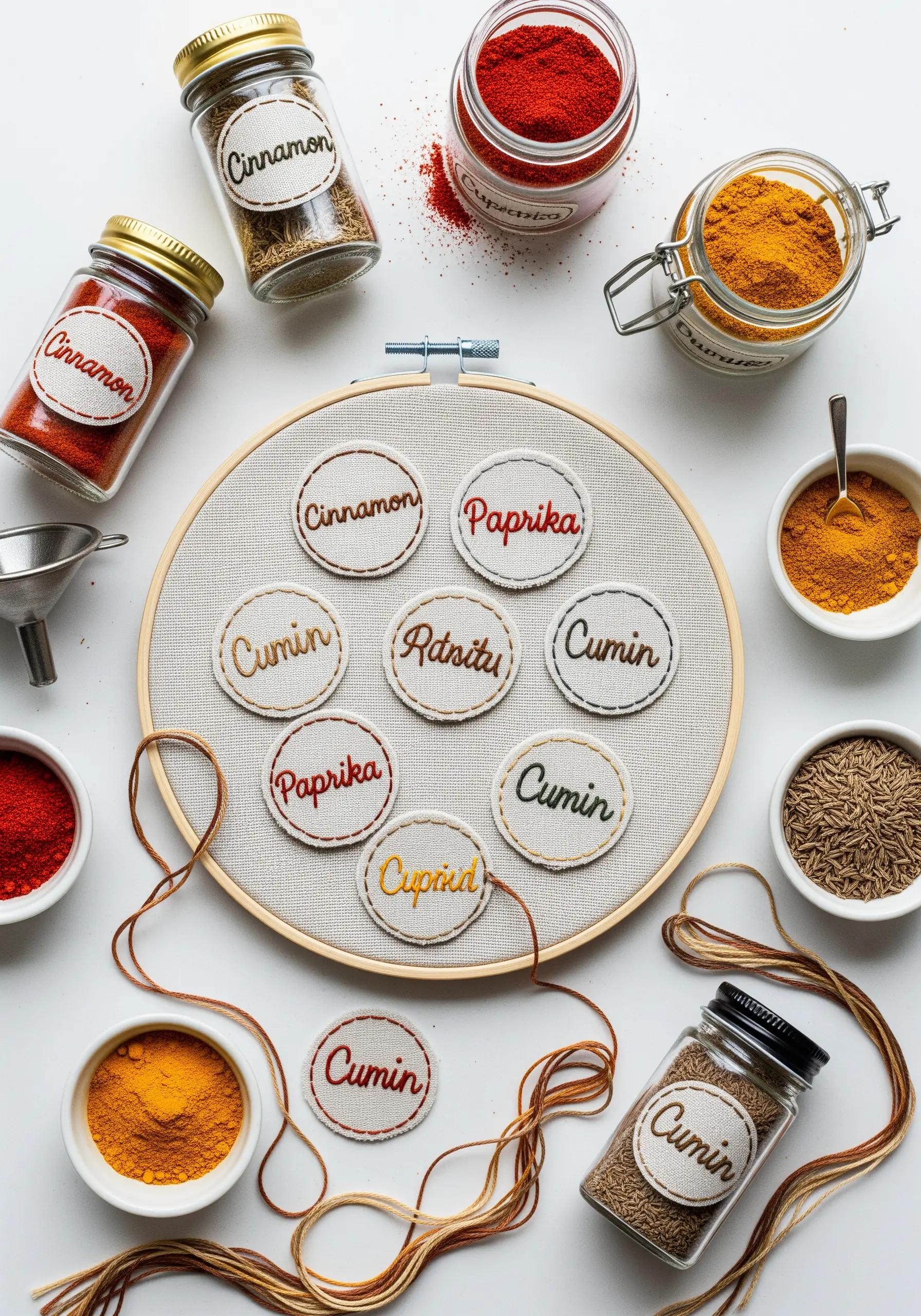 Embroidered labels for spices like cinnamon and paprika laid out in a hoop.