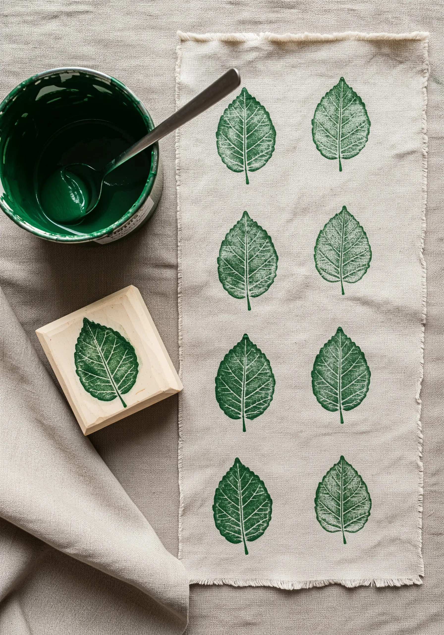 A hand-carved leaf stamp next to a piece of linen fabric printed with a green leaf pattern.