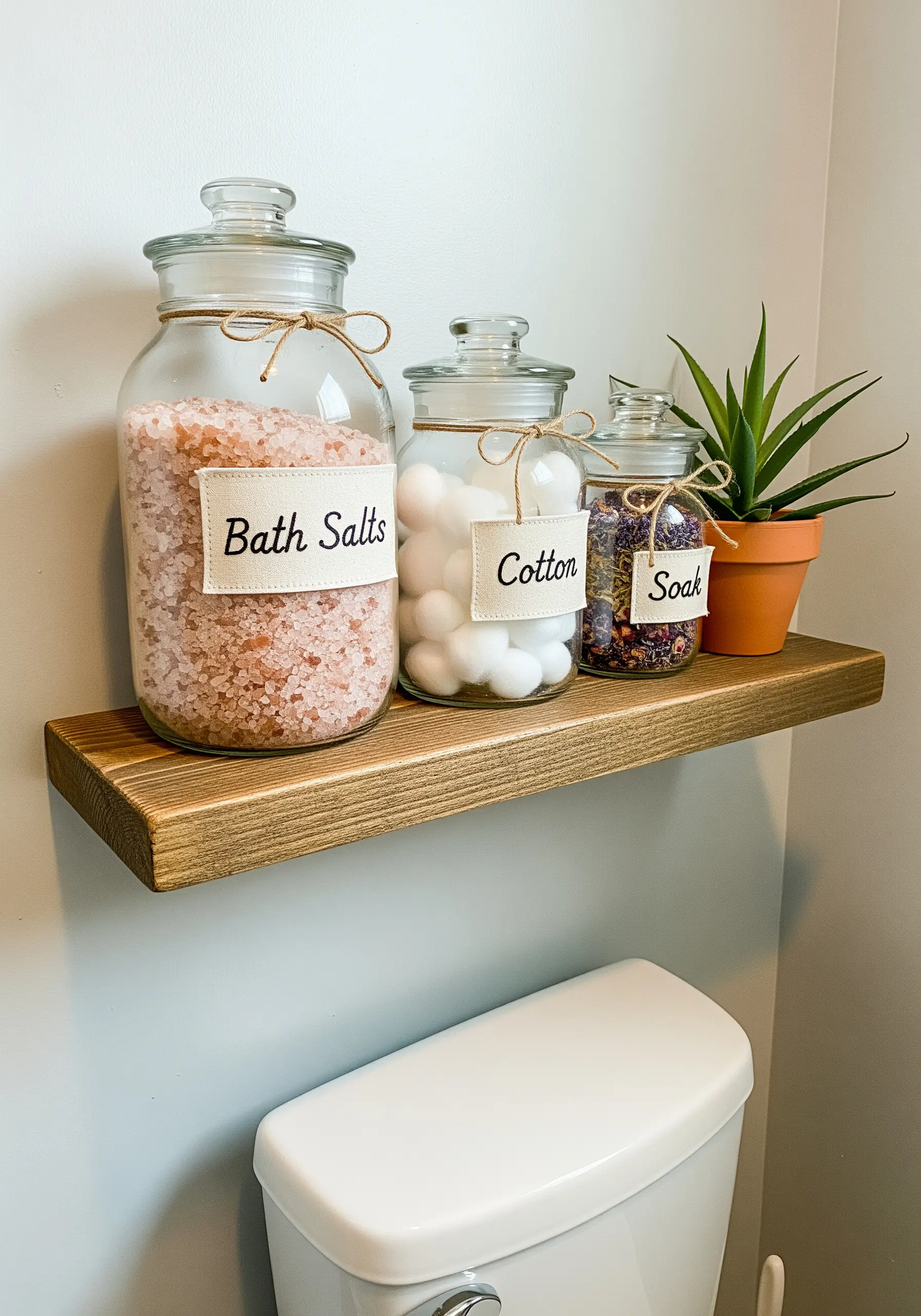 Hand-embroidered labels tied with twine onto glass apothecary jars on a wooden shelf.