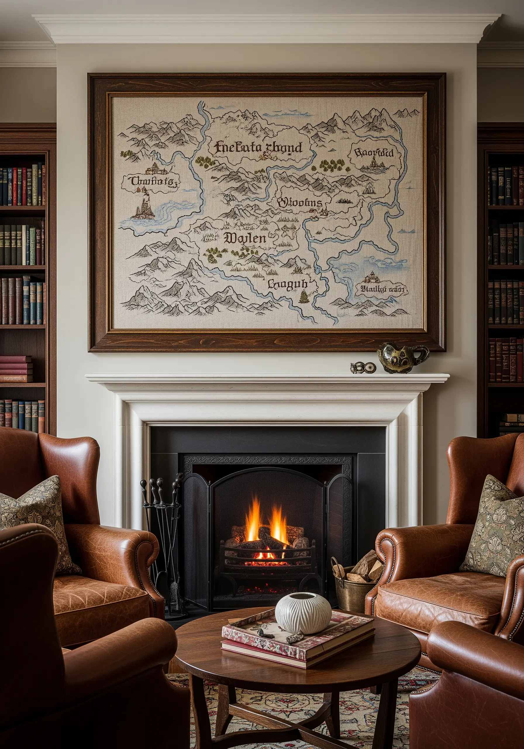 A large embroidered fantasy map with mountains and rivers, framed above a fireplace.