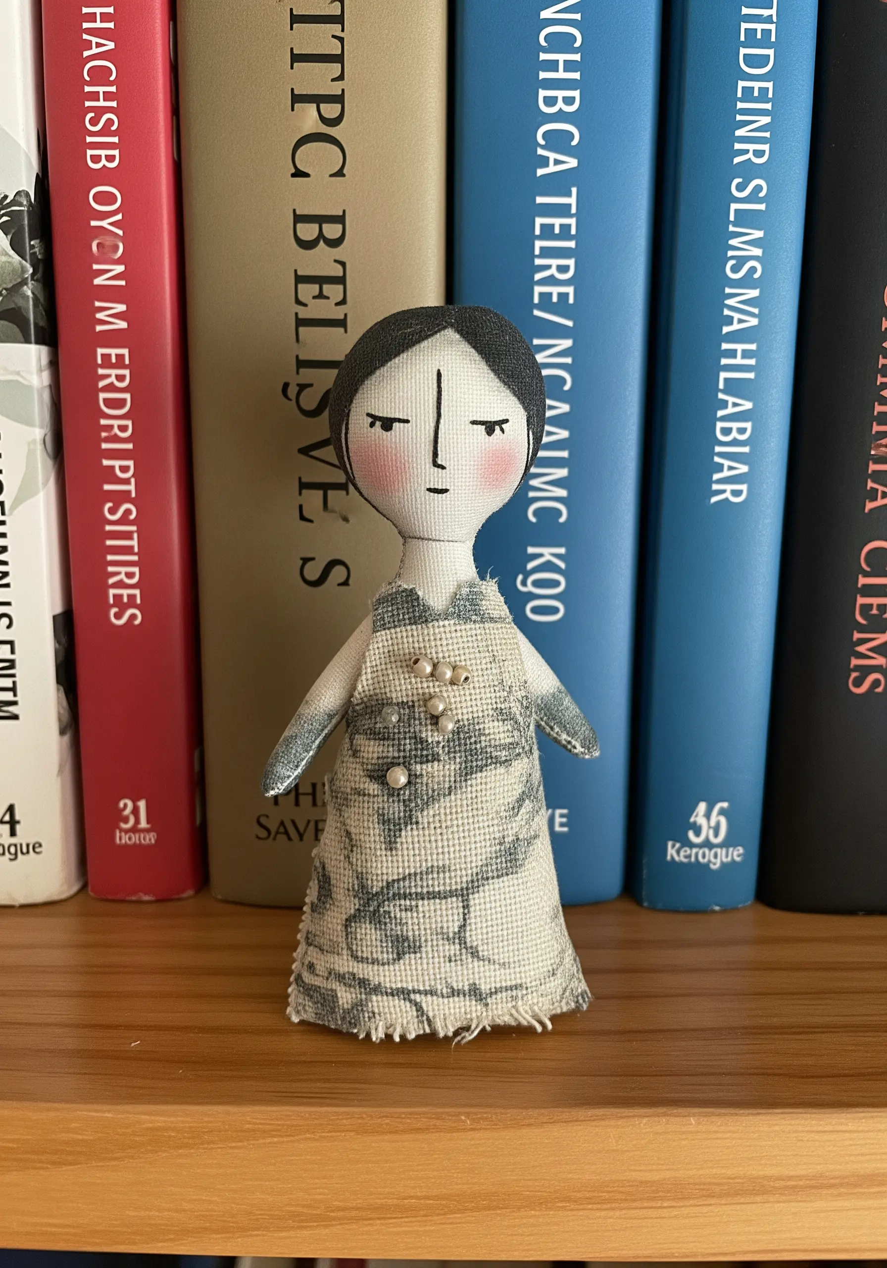 A small, handmade art doll with stitched features and a patterned dress, leaning against books.