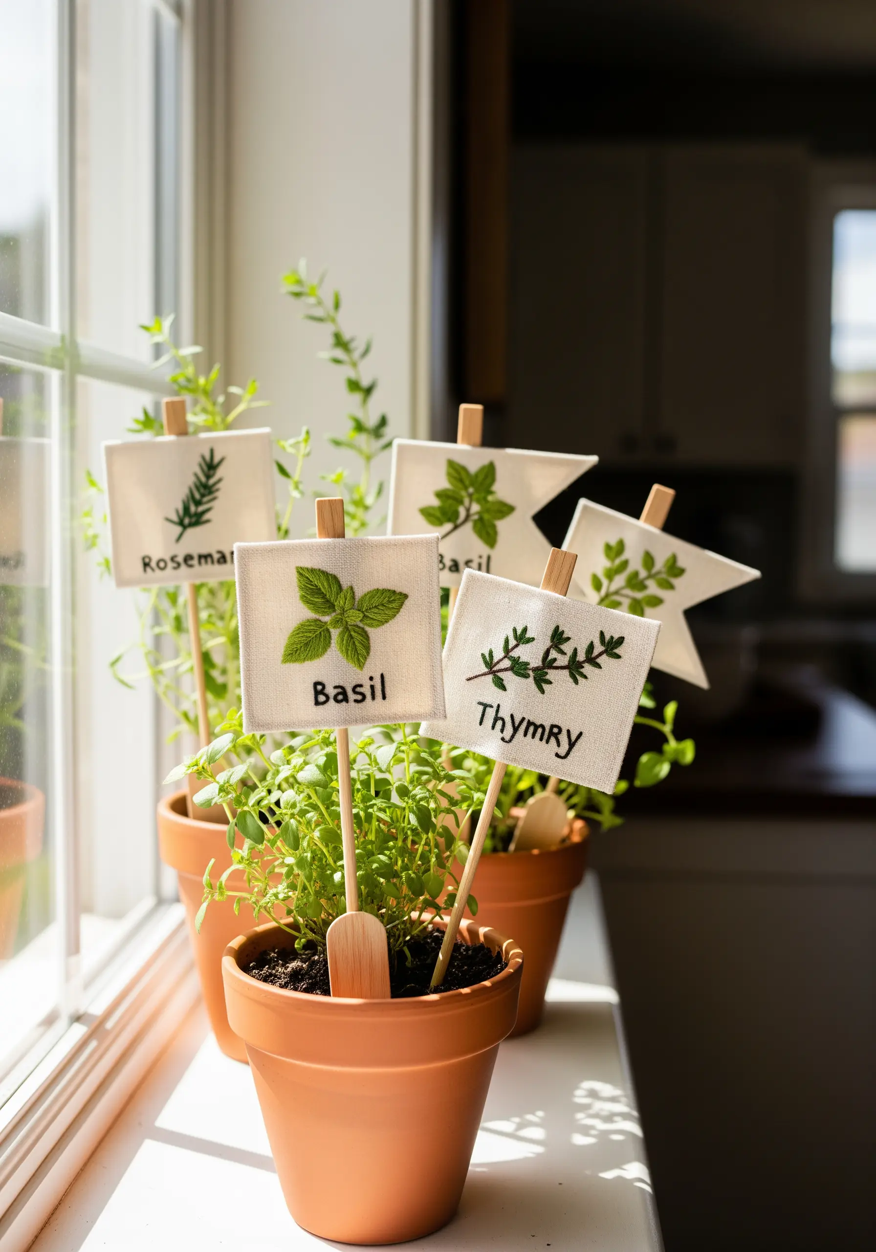Hand-embroidered herb markers for rosemary, basil, and thyme in a kitchen herb garden.