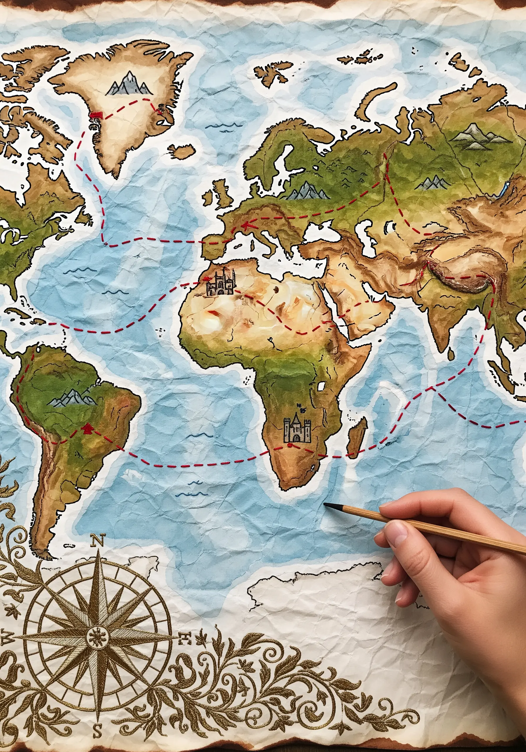 A watercolor world map on crumpled paper with a red stitched travel route.