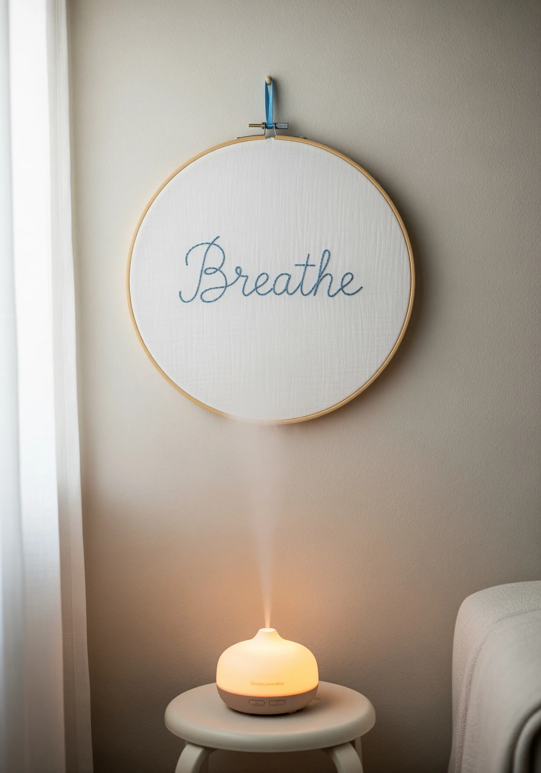 An embroidery hoop with the word 'Breathe' stitched in flowing blue cursive script.