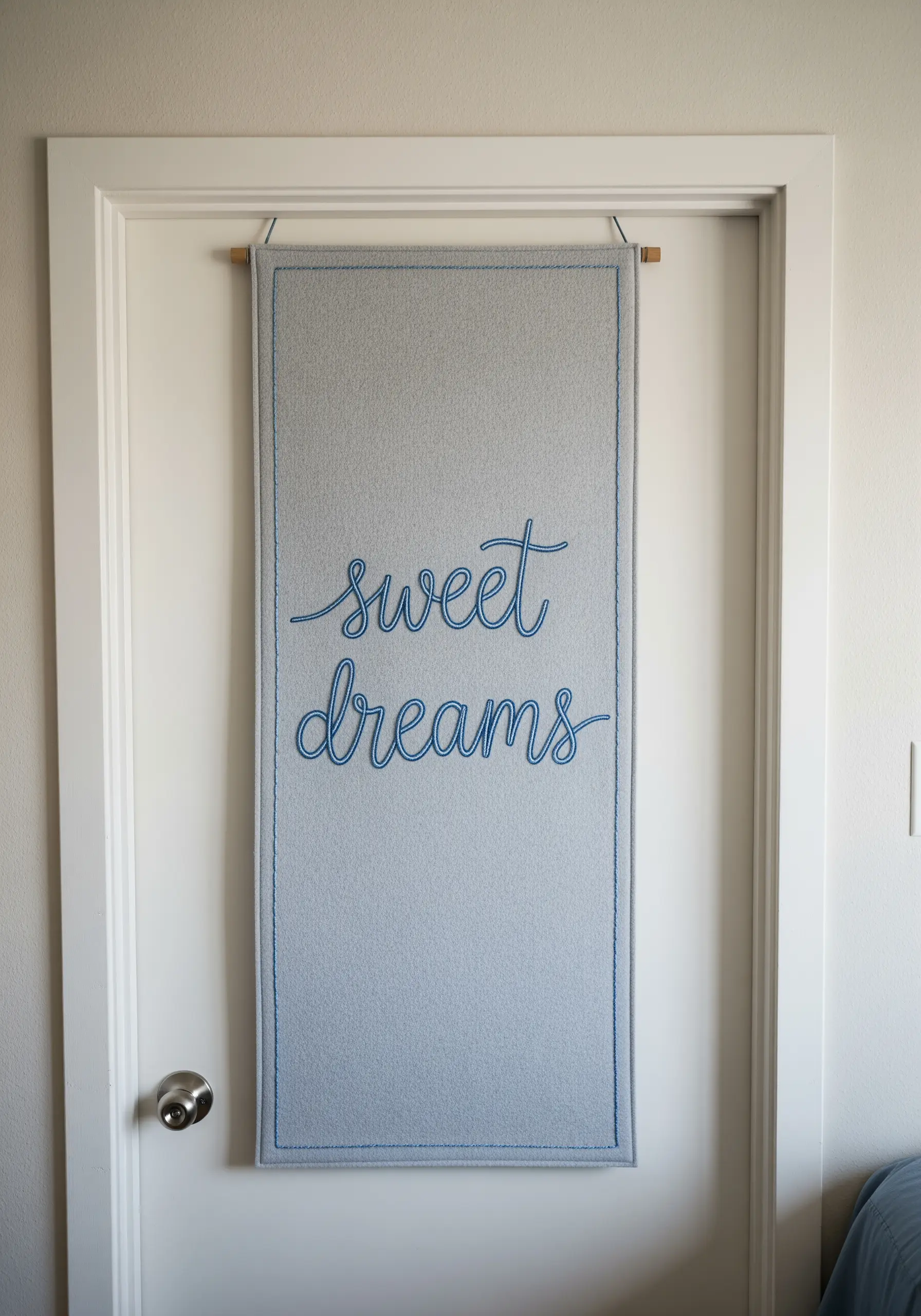 A grey felt wall hanging on a door with 'sweet dreams' embroidered in blue script