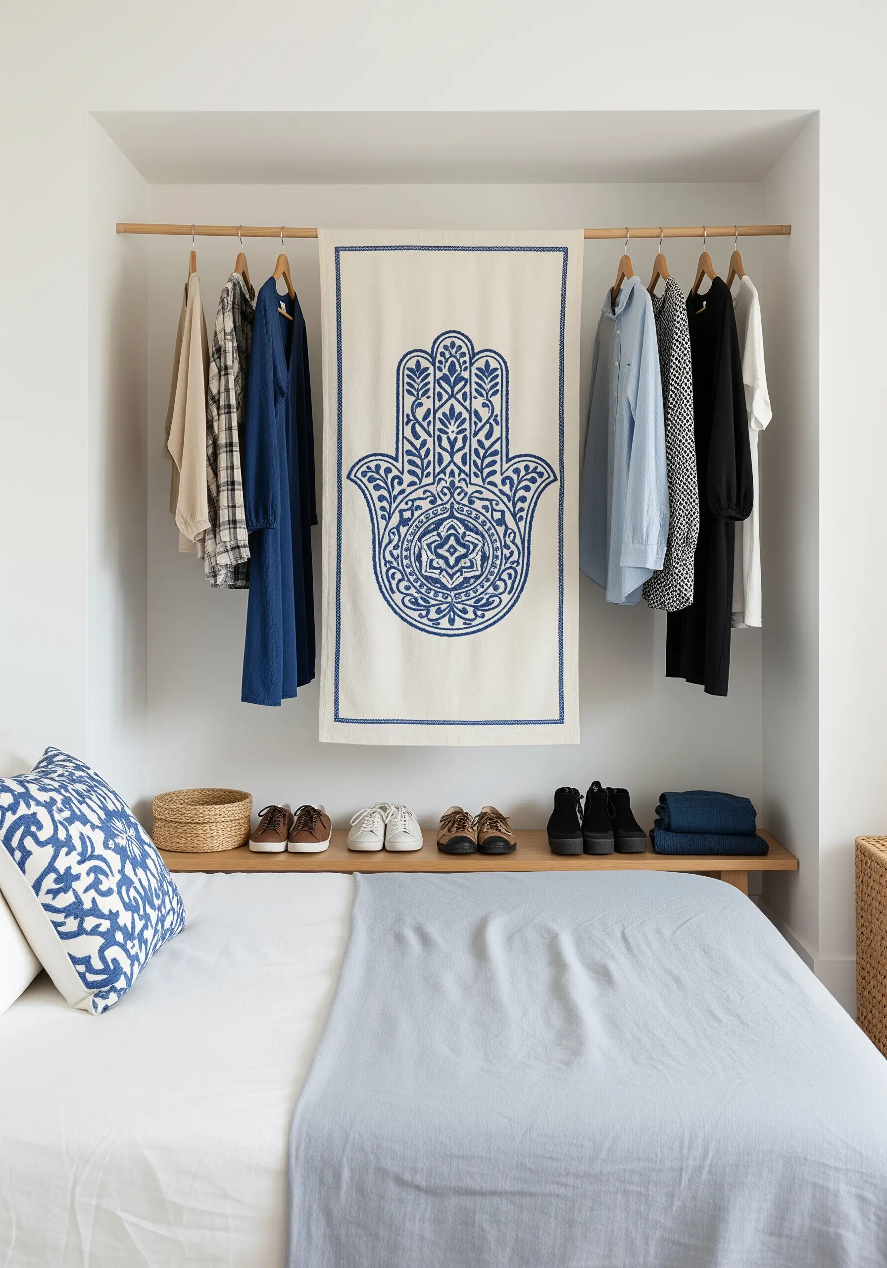 A large Hamsa hand embroidered in blue on a white textile, hanging in a closet niche.