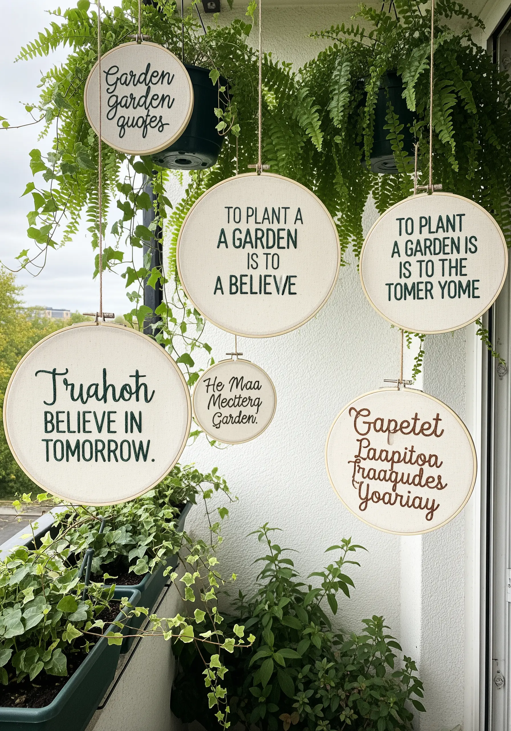 Several embroidery hoops with different stitched quotes about gardening hanging from plants.