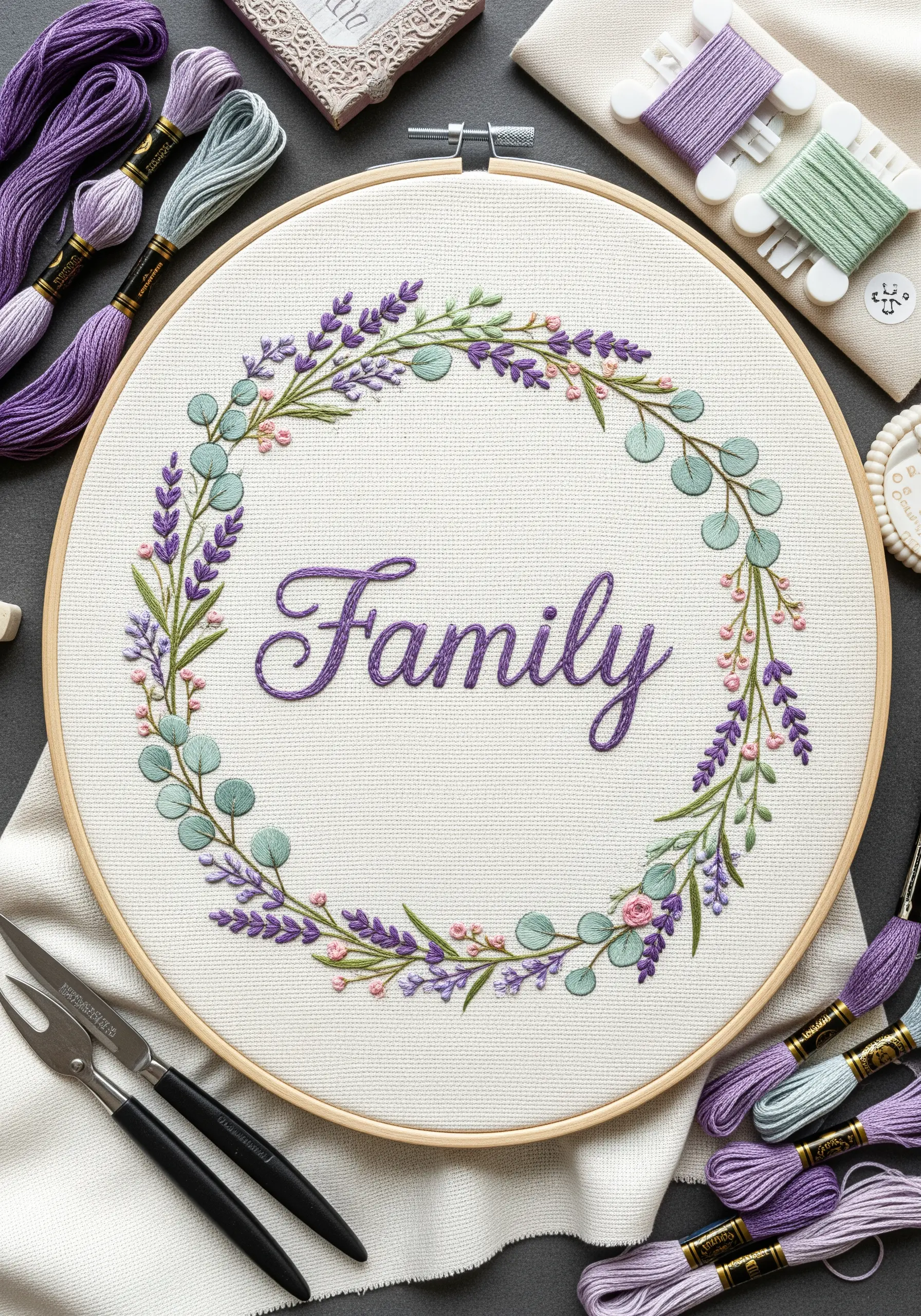 An embroidery hoop with the word 'Family' surrounded by a delicate wreath of lavender and eucalyptus.