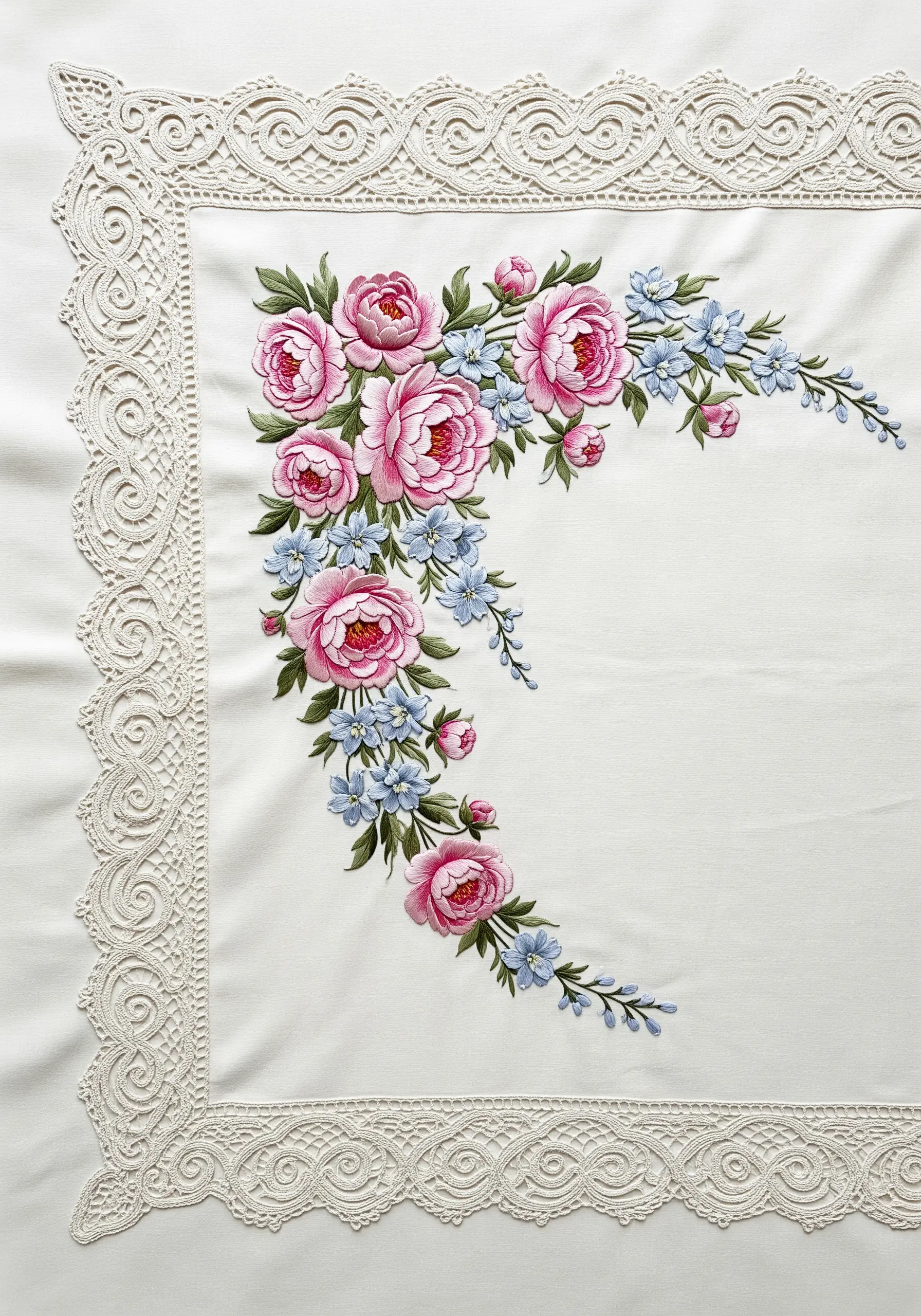 Embroidered pink peonies and blue flowers with a wide crochet lace border on white linen.
