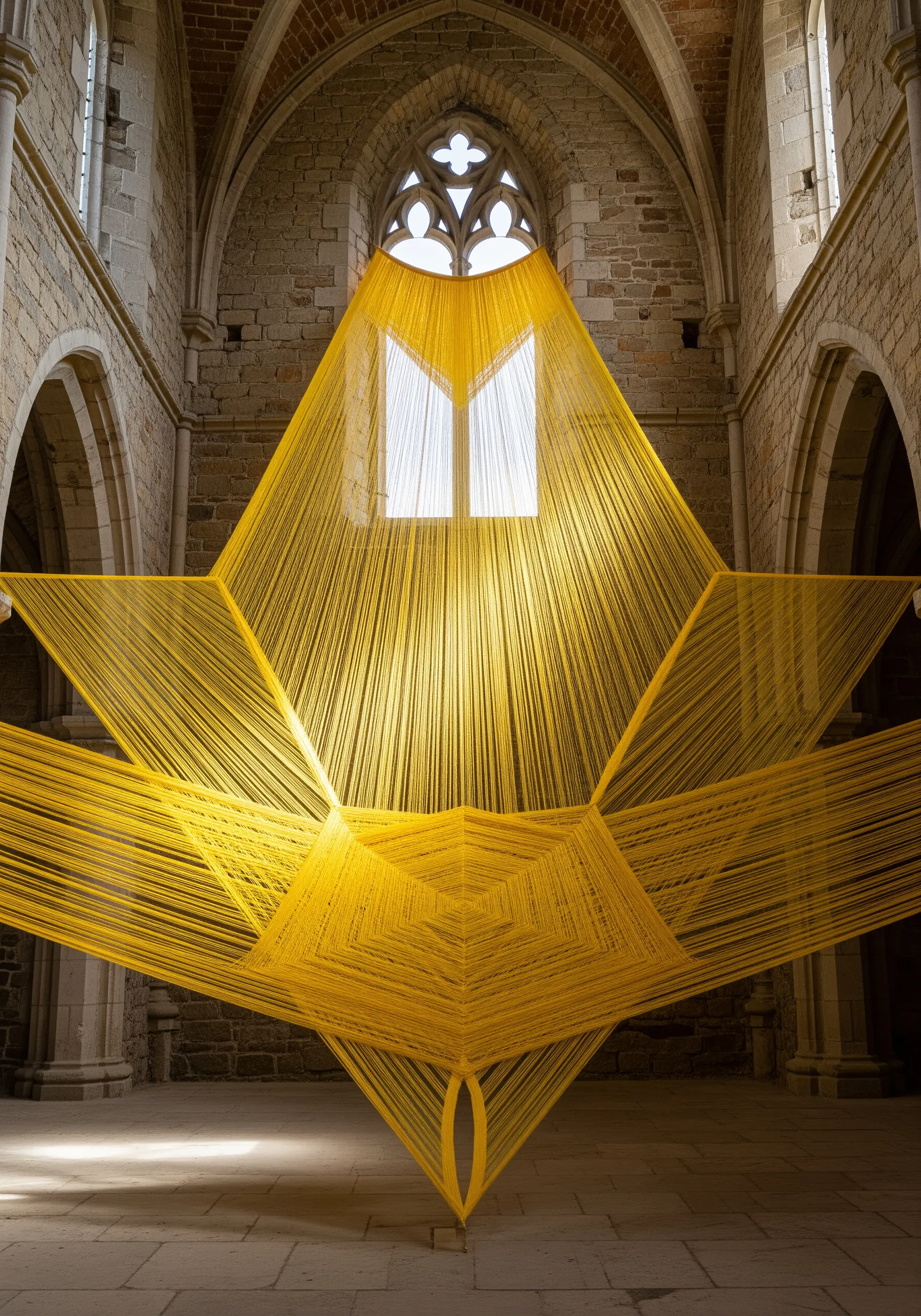 A massive, star-shaped installation of yellow thread glowing in a stone church.
