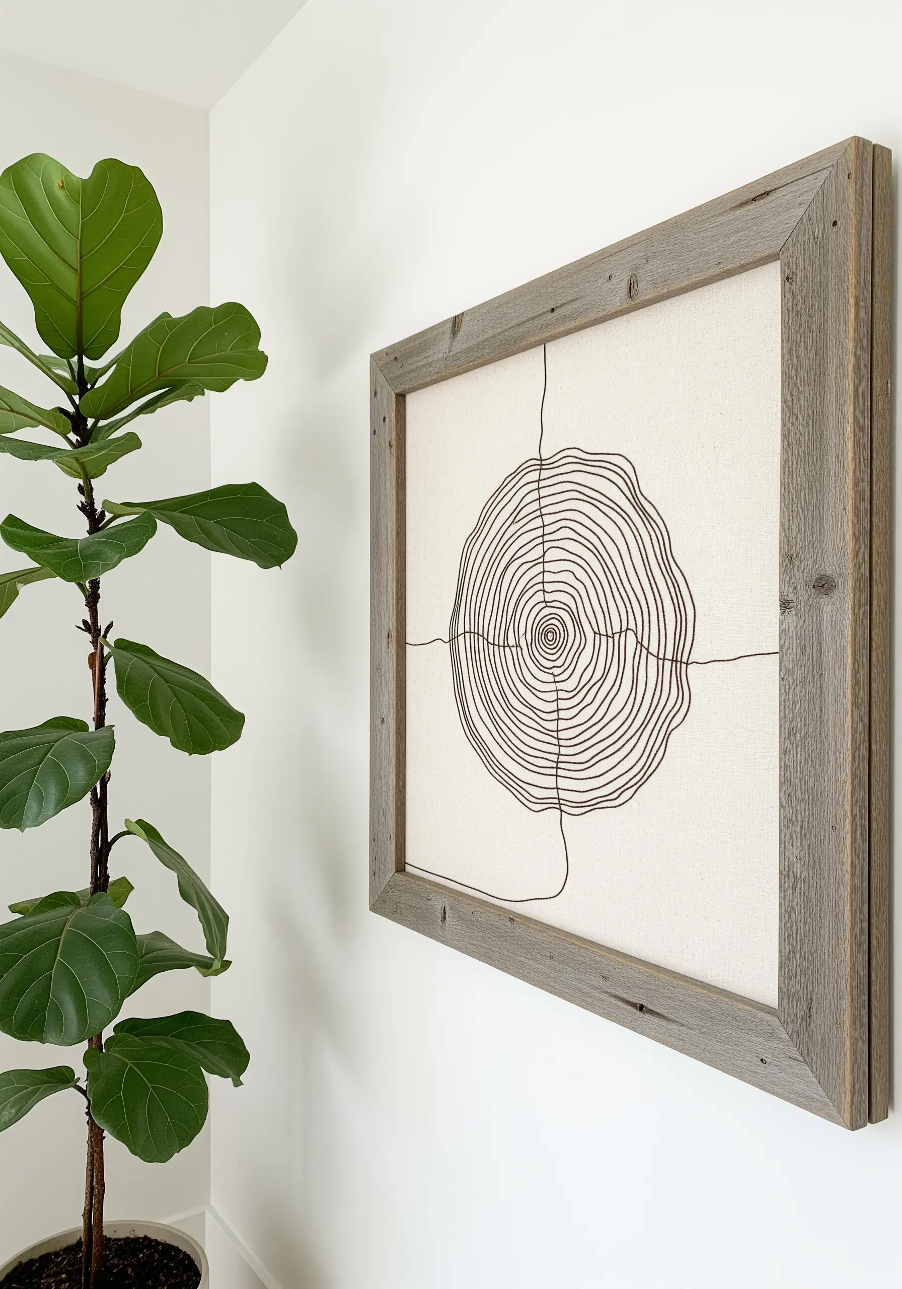 Minimalist embroidery of tree rings in a single dark thread, framed in rustic wood.