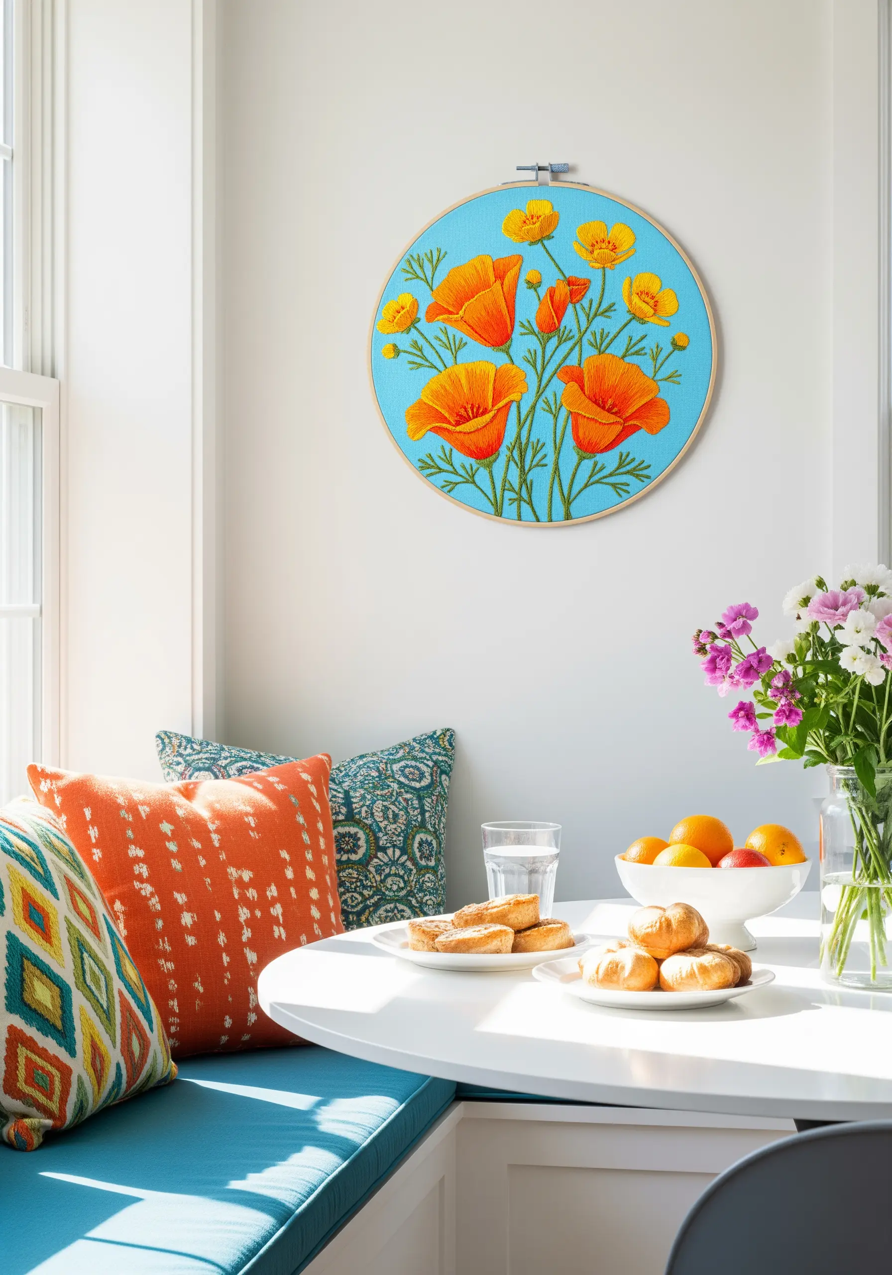 Vibrant orange and yellow California poppies embroidered on a bright blue background.