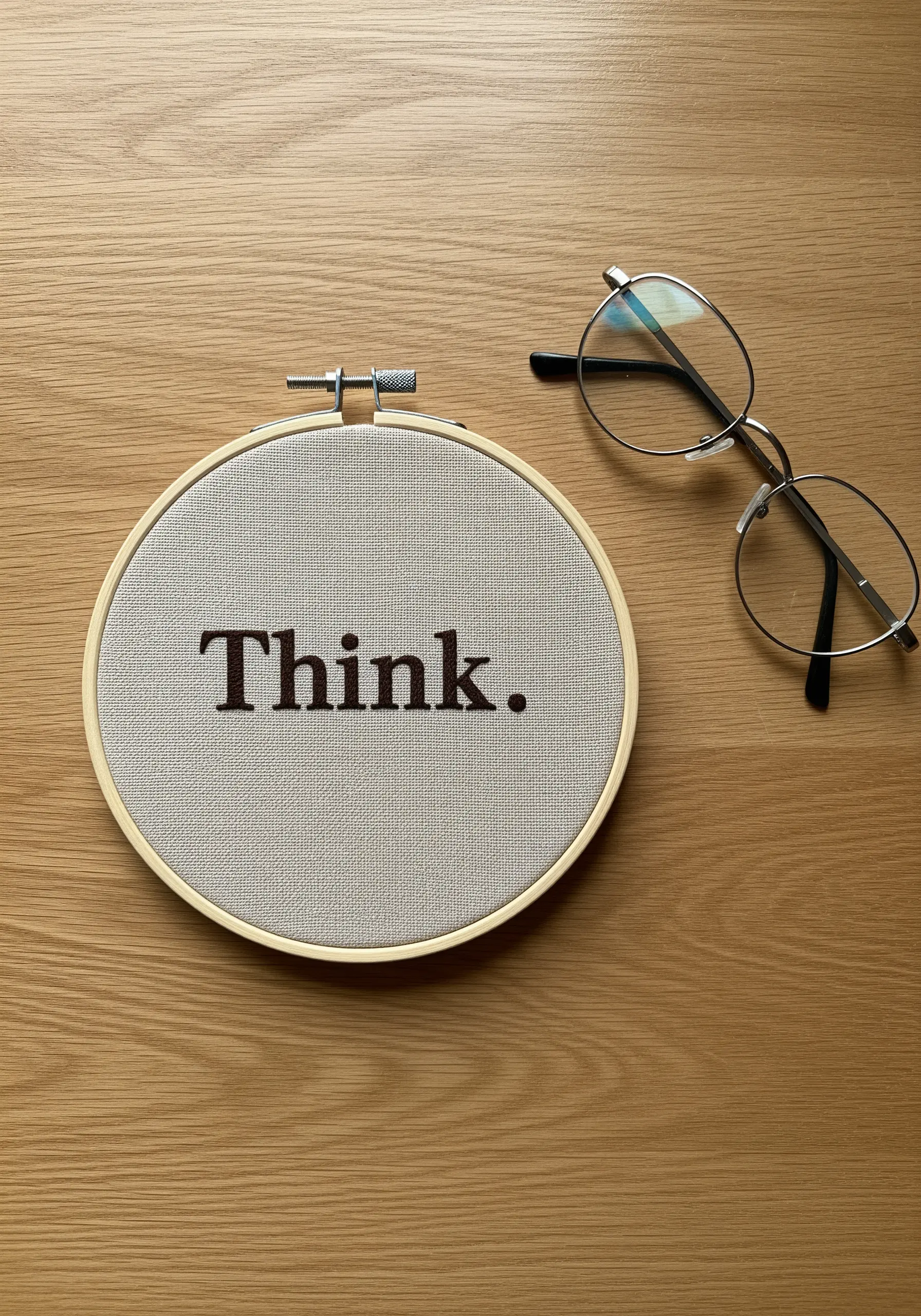 The word 'Think.' embroidered in a classic dark serif font on neutral fabric.