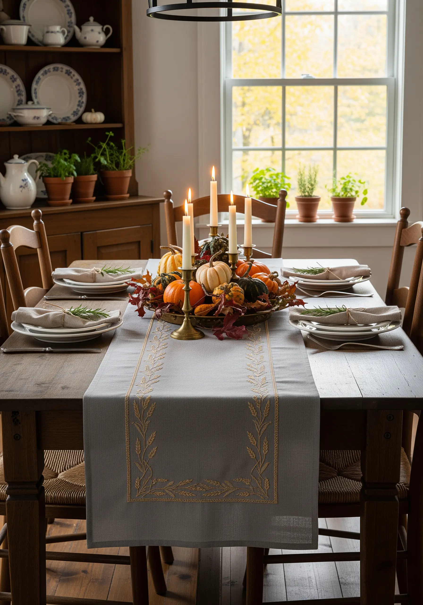 A border of wheat sheaves embroidered in a warm gold thread on a gray runner