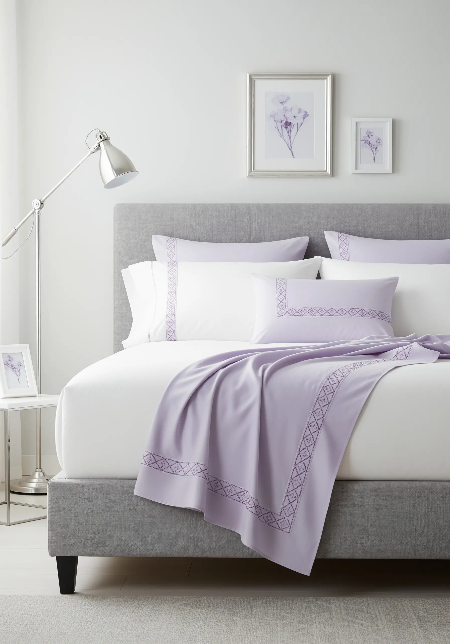 Modern bedroom with bedding featuring a simple geometric border in heather purple
