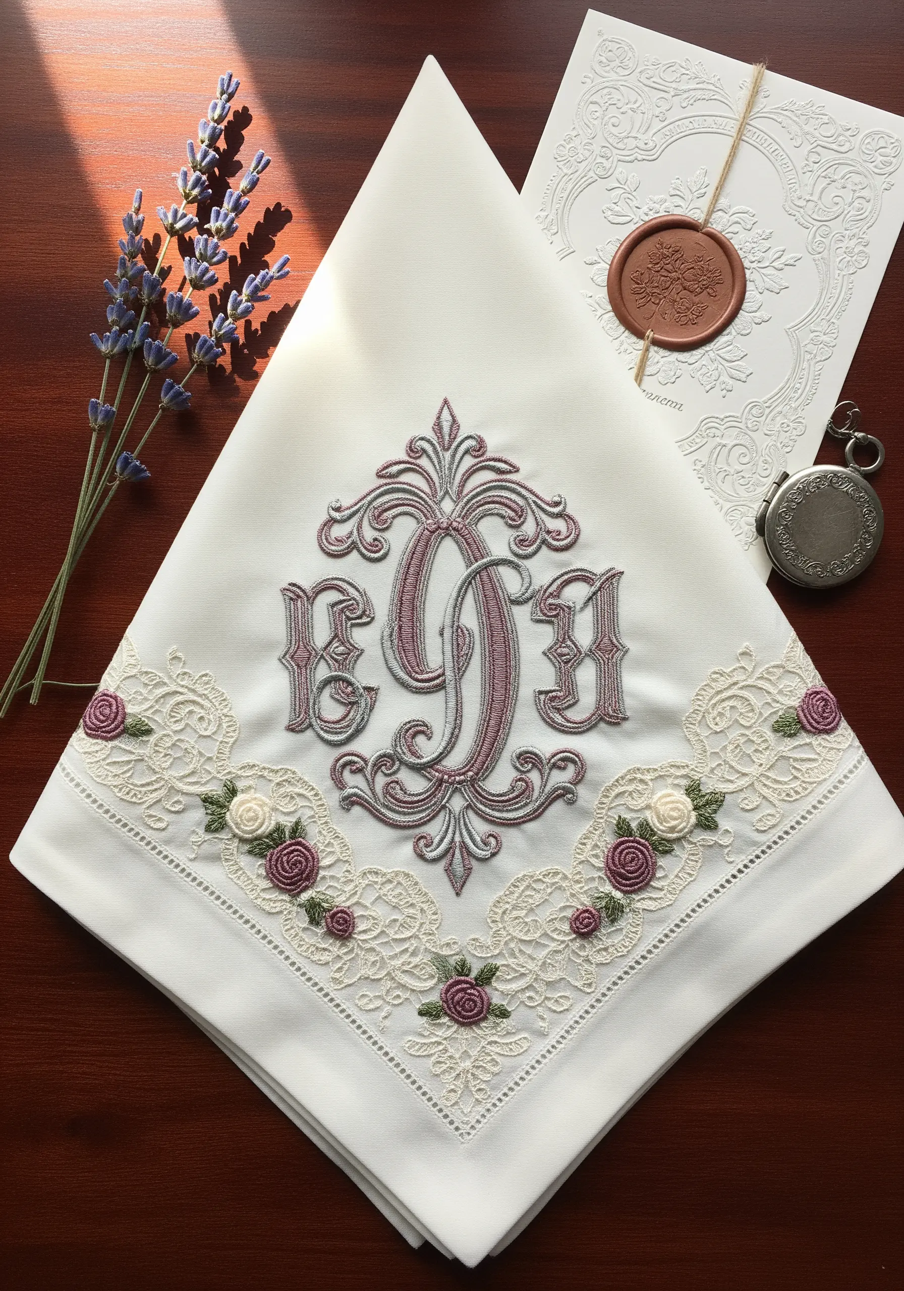 An ornate vintage monogram on a white napkin, integrated with embroidered lace and tiny roses.