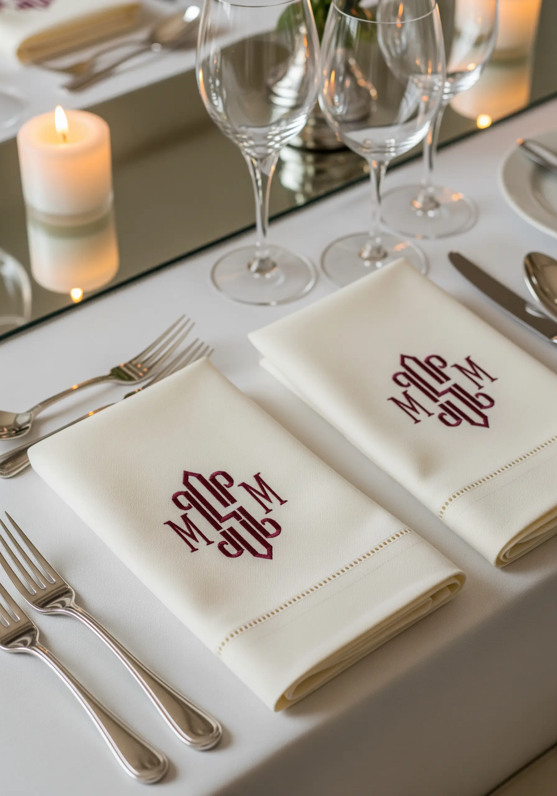 Crisp white linen napkins with a detailed burgundy embroidered monogram.