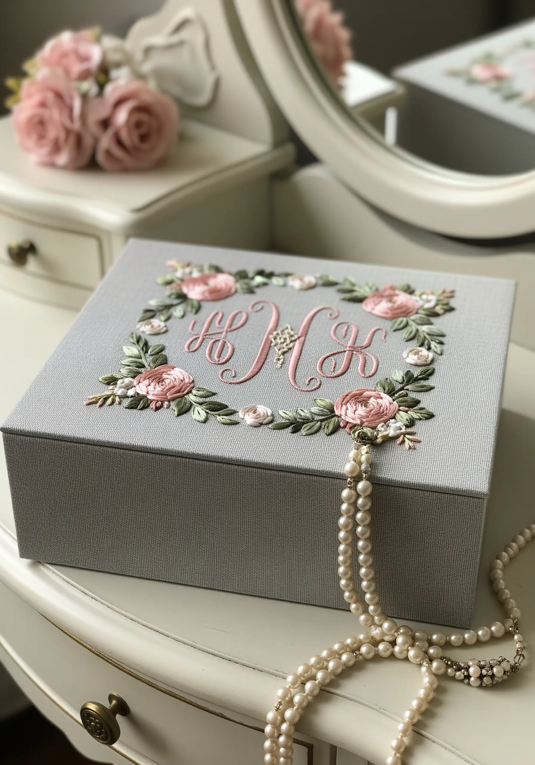 Elegant monogram embroidered on a gray linen jewelry box with pink and green floral details.