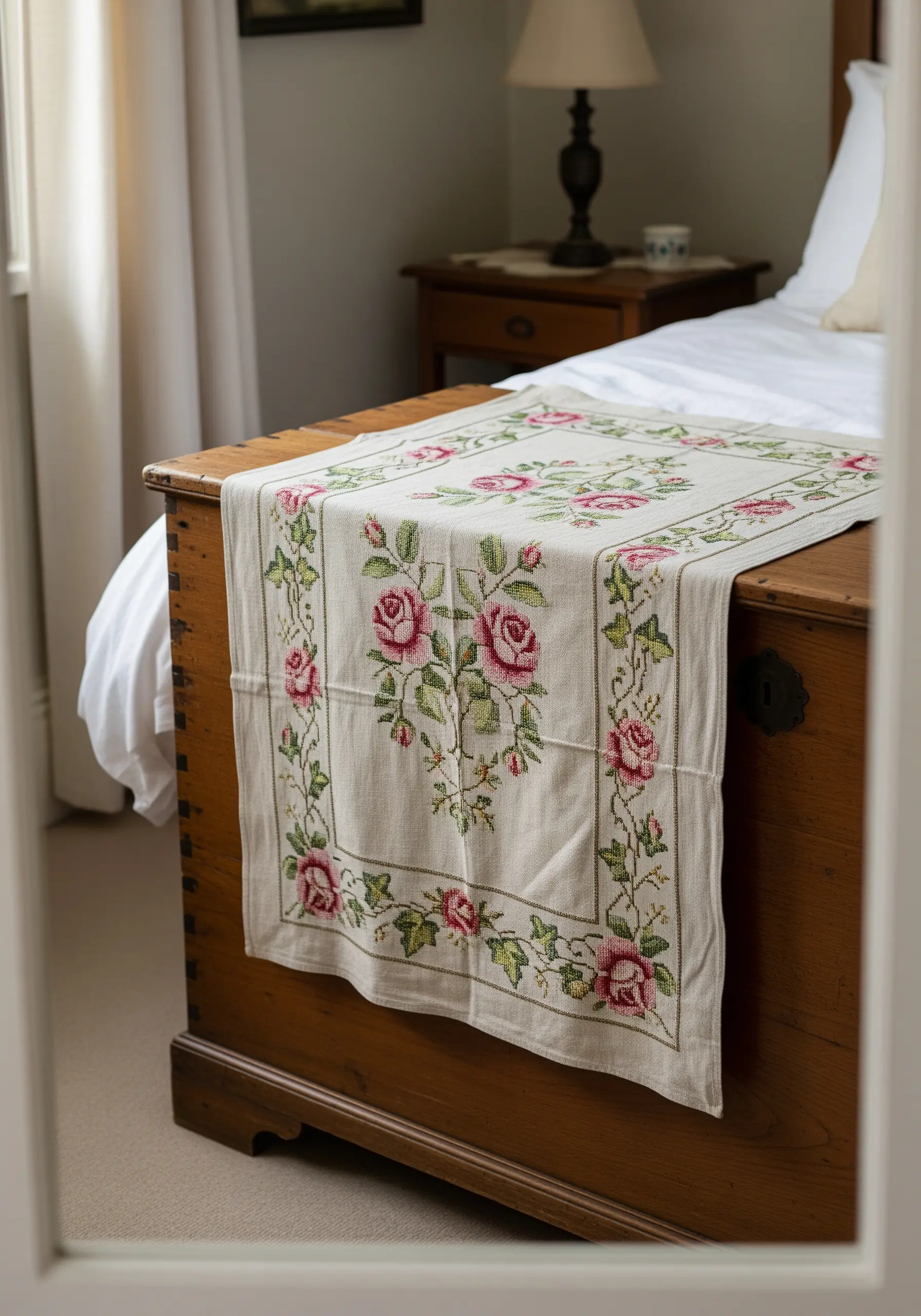 A vintage-style table runner featuring a border of cross-stitched pink roses and green leaves.