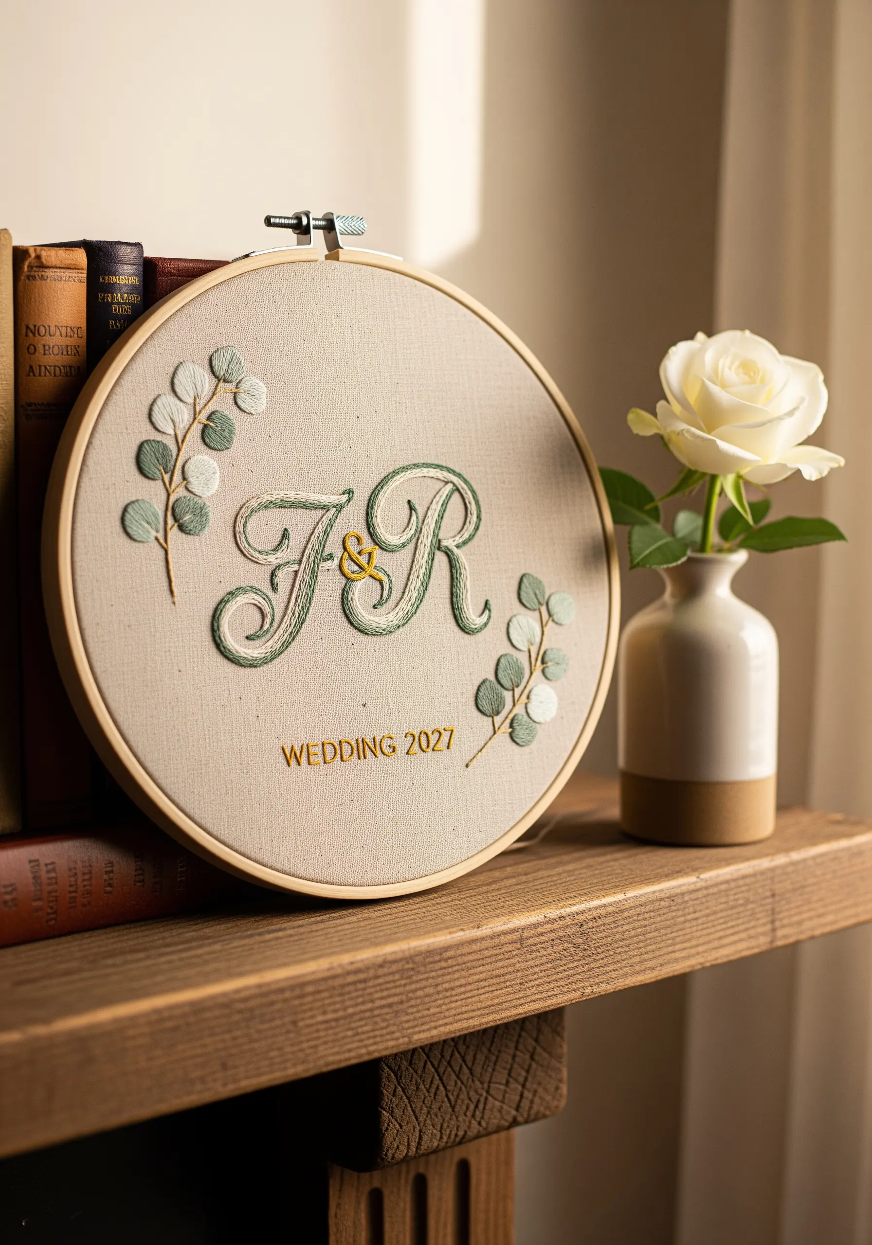Embroidered wedding monogram with initials F & R surrounded by eucalyptus leaves in a hoop.