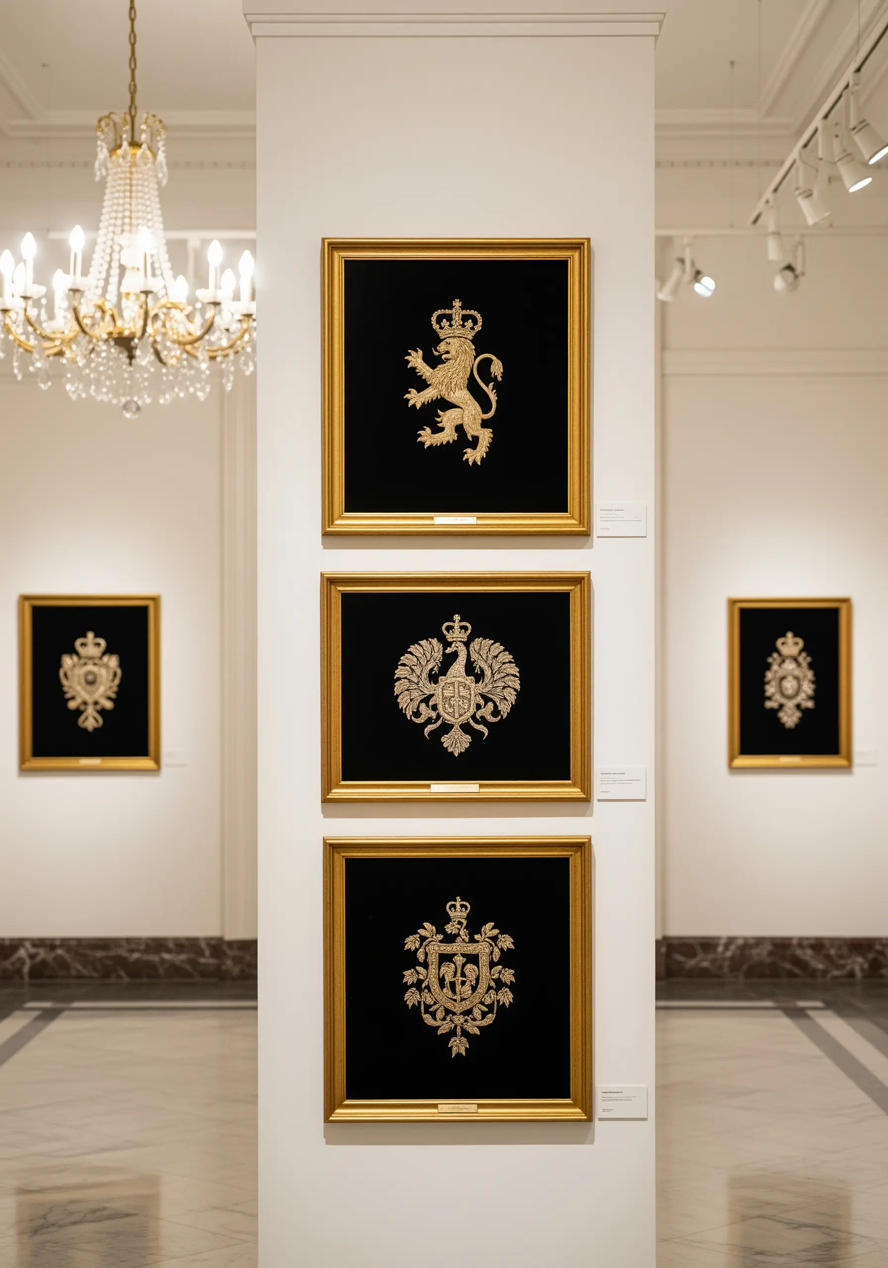 Three framed goldwork heraldic crests embroidered on black velvet in a gallery setting.