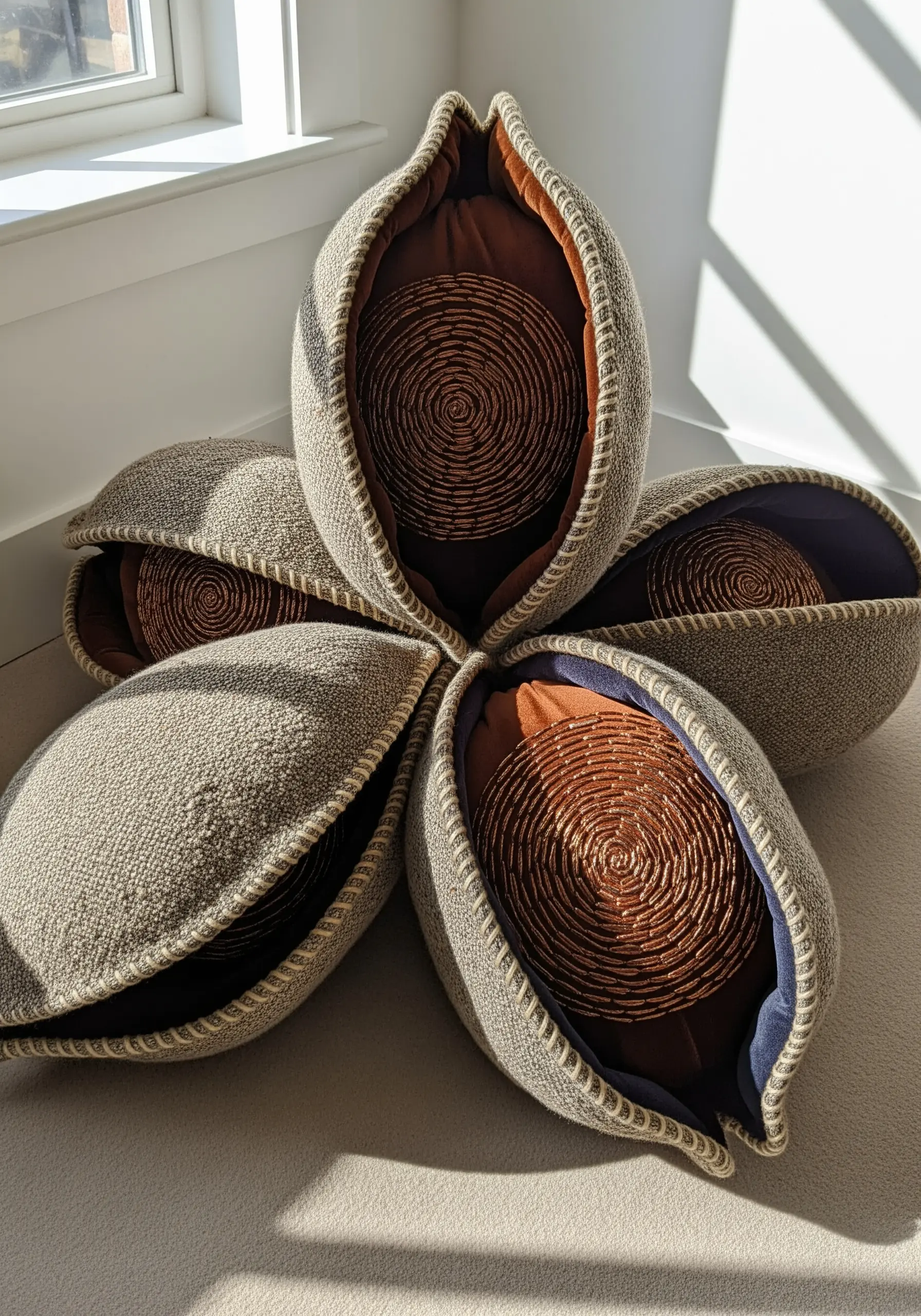 A sculptural fabric flower with five petals, revealing intricately coiled beading on the inside.