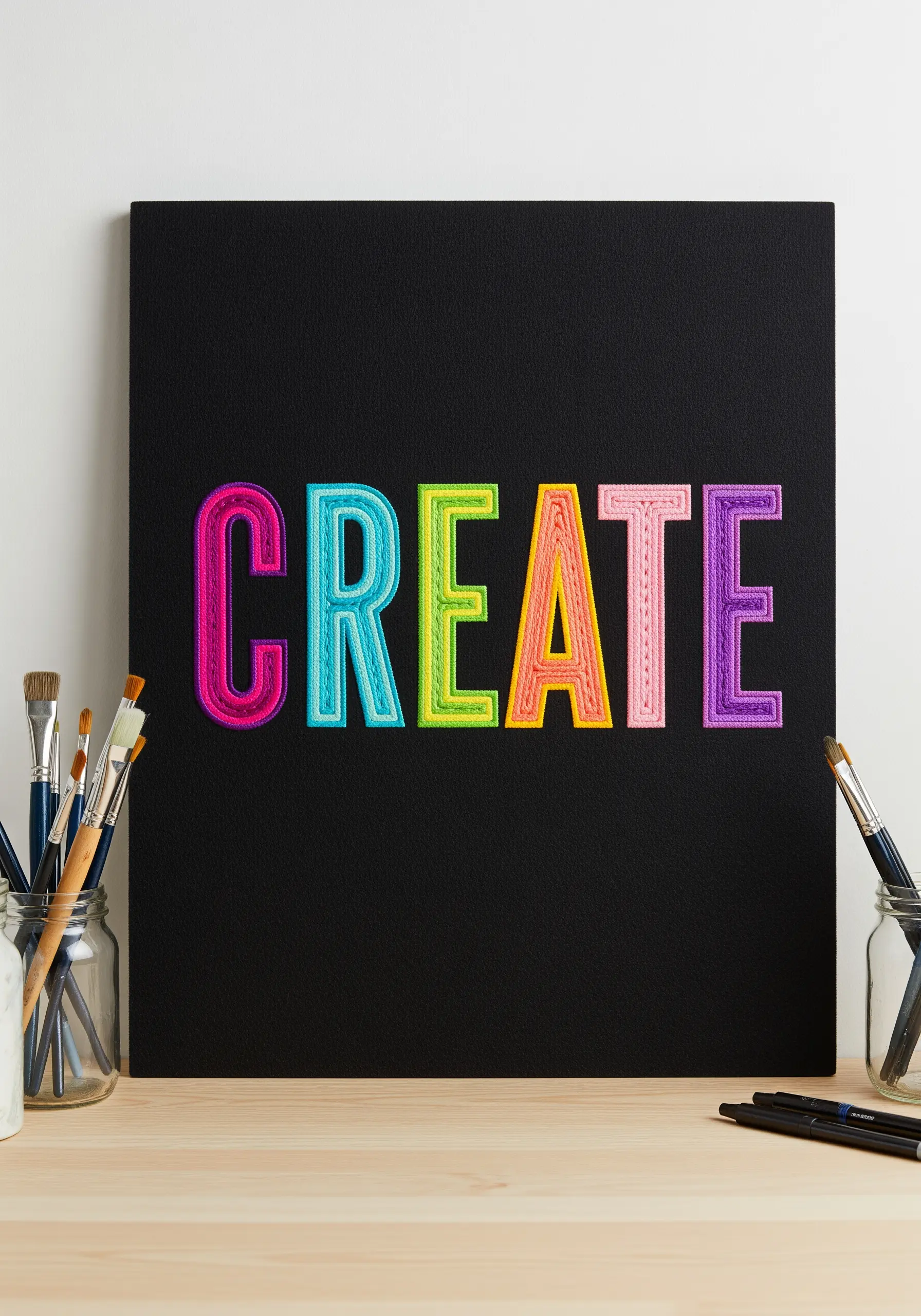 Brightly colored 3D block letters with satin stitch on a black canvas.